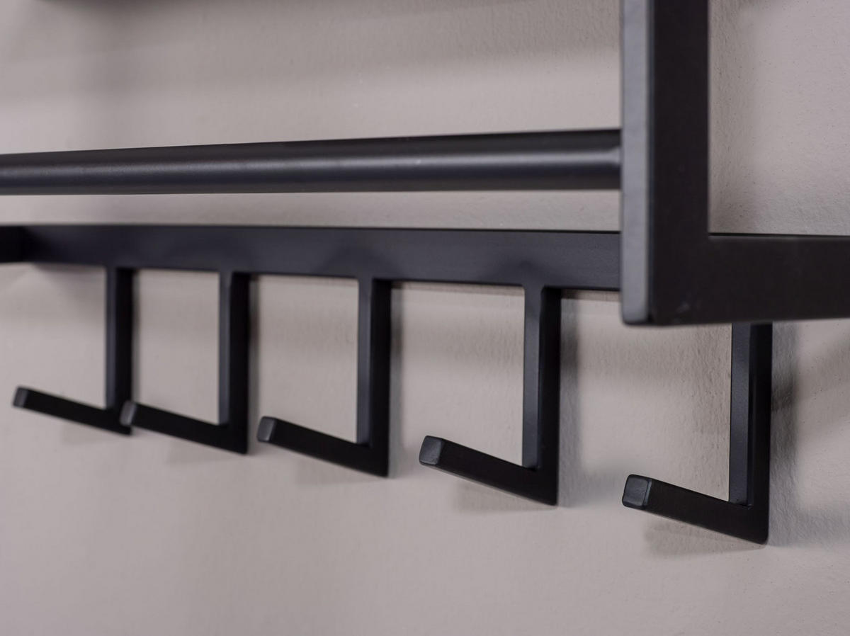 WANDGARDEROBE Metall Schwarz Modern mit 5 Haken und Kleiderstange - Schwarz, Metall (70/20/20cm) - KADIMA DESIGN