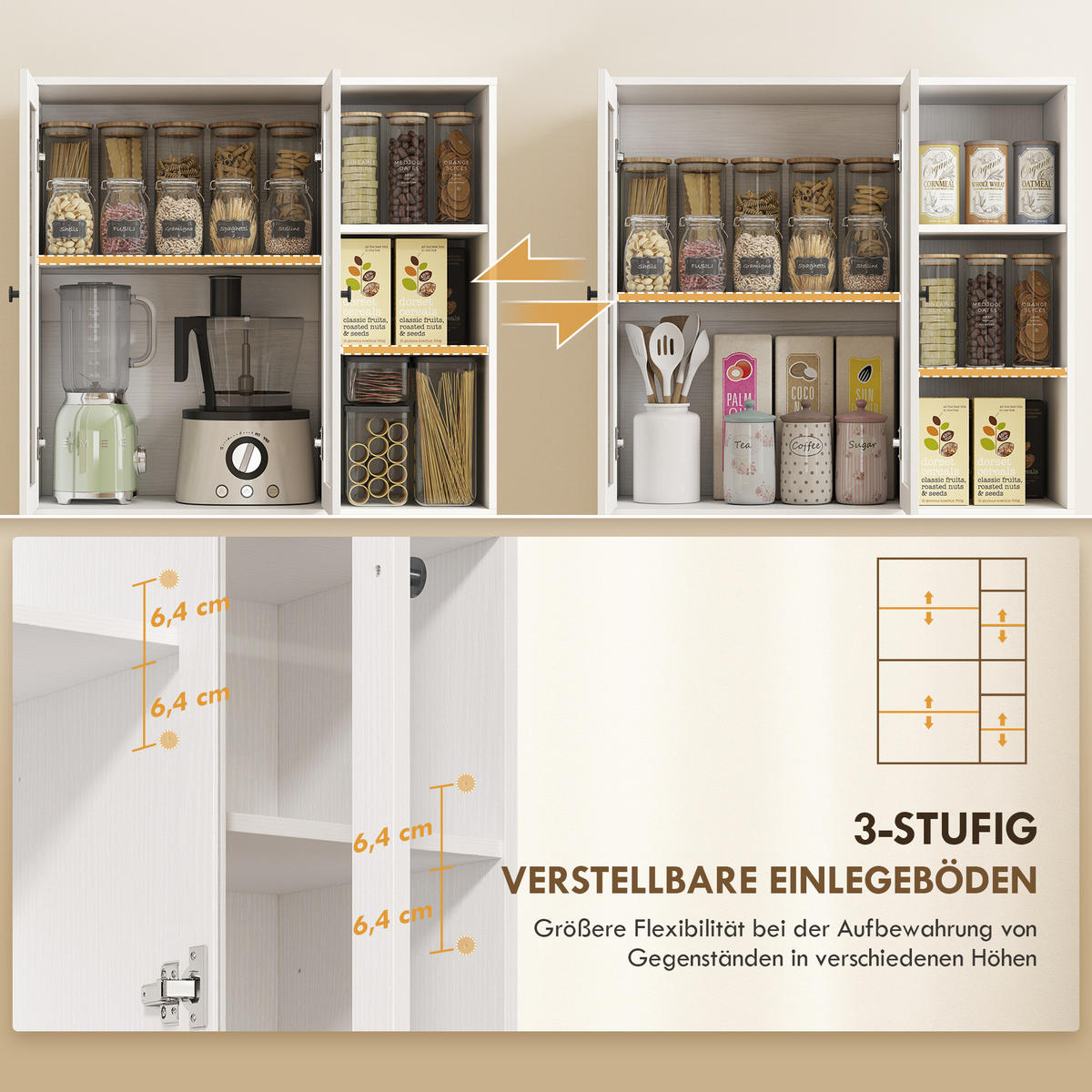 KÜCHENSCHRANK Buffetschrank mit 4 Soft-Close-Glastüren 6 offenen Fächern Weiß - Schwarz/Weiß, Holzwerkstoff/Metall (35/172/90cm) - HOMCOM
