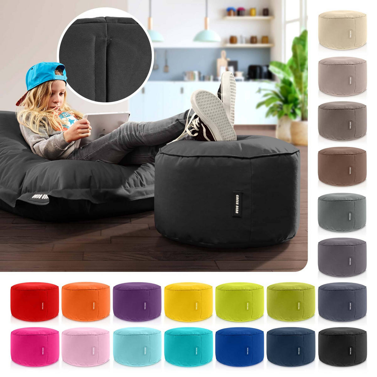 SITZSACK-HOCKER Pouf "Stay" 45x25cm - Schwarz, Textil (45/25/45cm) - Green Bean