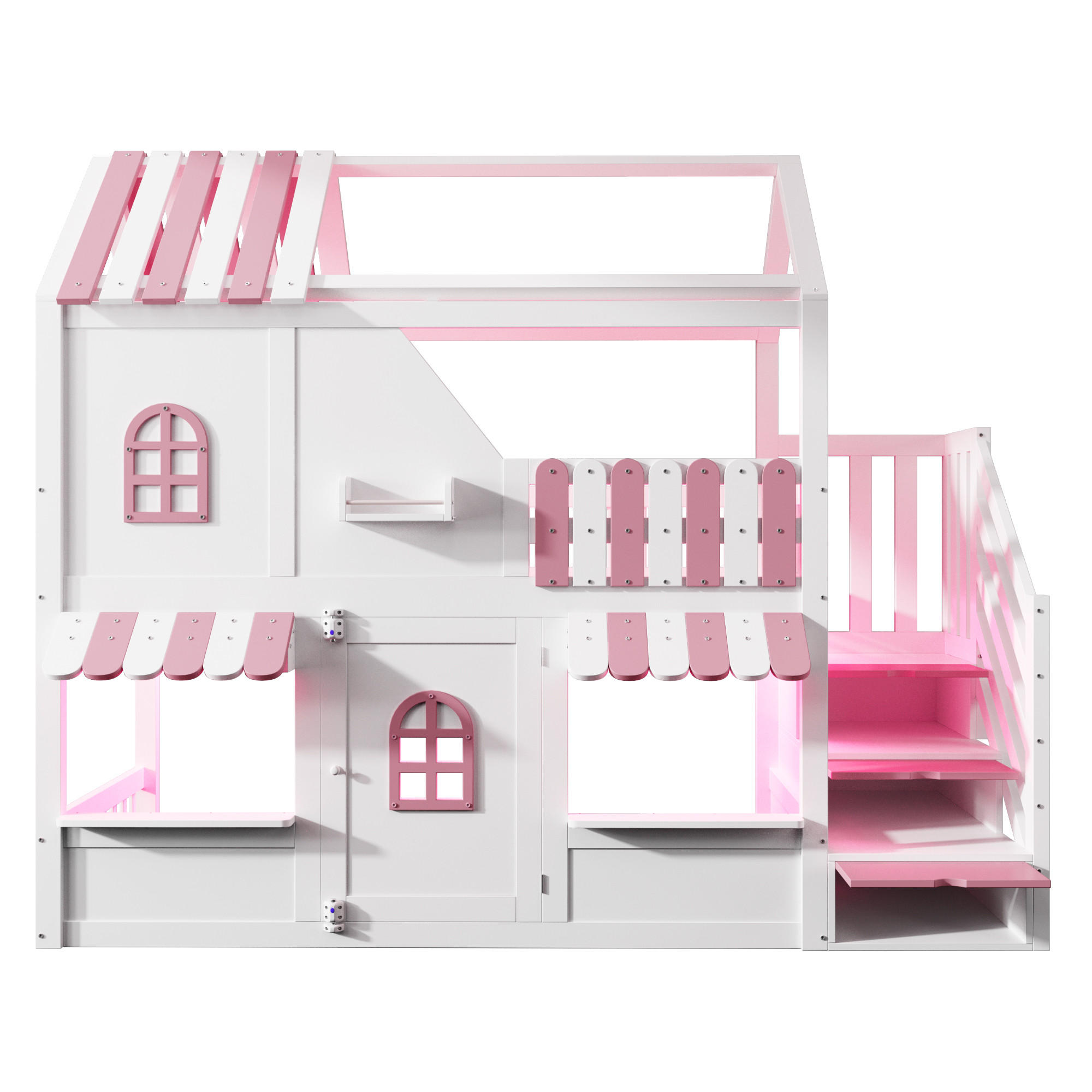 ETAGENBETT 90x200cm Kinderbett Hausdesign Fenster LED Rosa Weiß - Pink, Holz (90/200cm) - FLIEKS