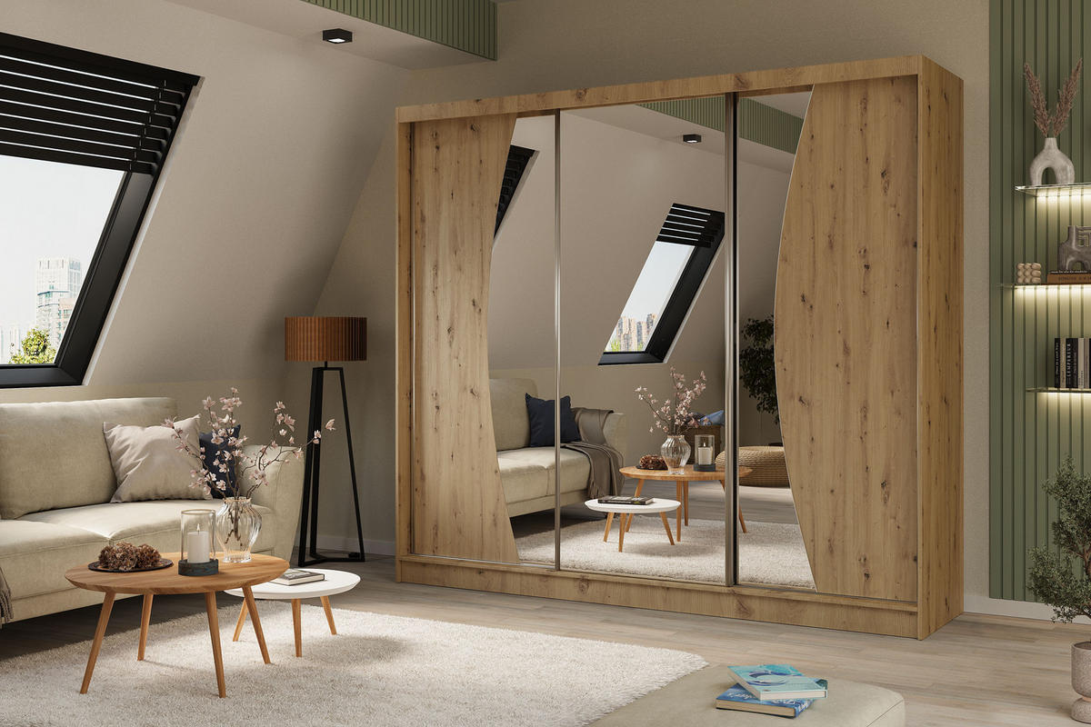 SCHWEBETÜRENSCHRANK VOCE 240/216/61 cm 3-türig mit Spiegel Eiche Artisan - Eiche Artisan, Holzwerkstoff (240/216/61cm) - MASSENO