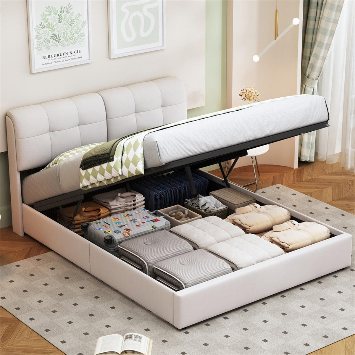 POLSTERBETT 140x200 cm mit hydraulischer Hubfunktion - Doppelbett mit LED-Beleuchtung - ohne Matratze - Cremeweiß - Beige, Textil (140/200cm) - DELFA