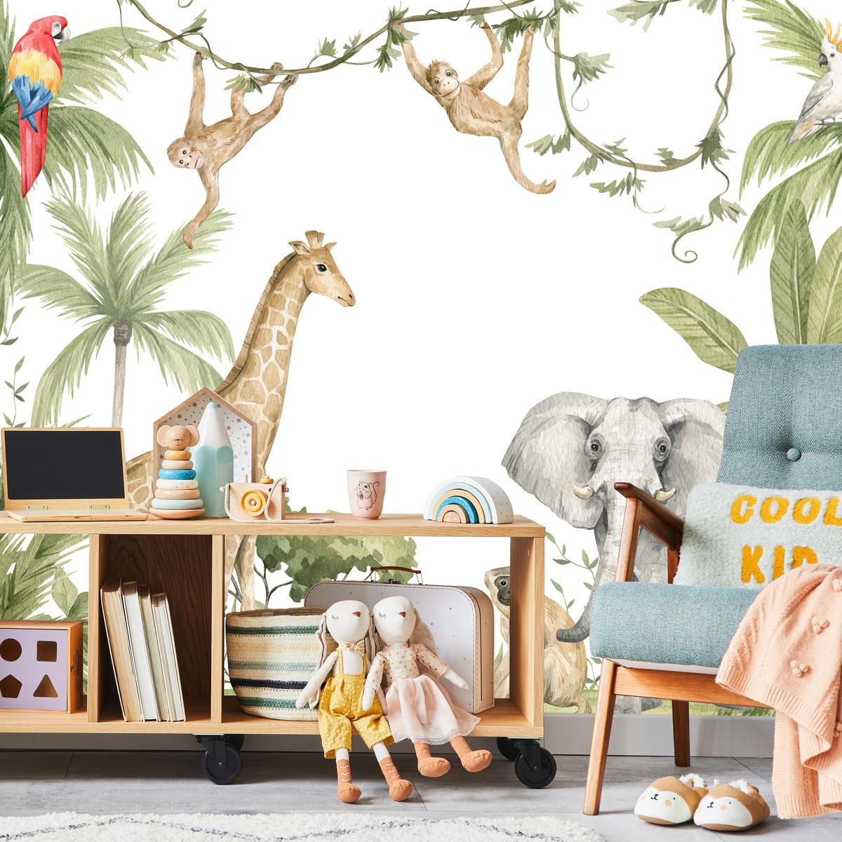 FOTOTAPETE für Kinderzimmer Dschungel Tiere Giraffe Elefant Palmen 400x280 - Beige/Rot, Papier (400/280cm) - Muralo