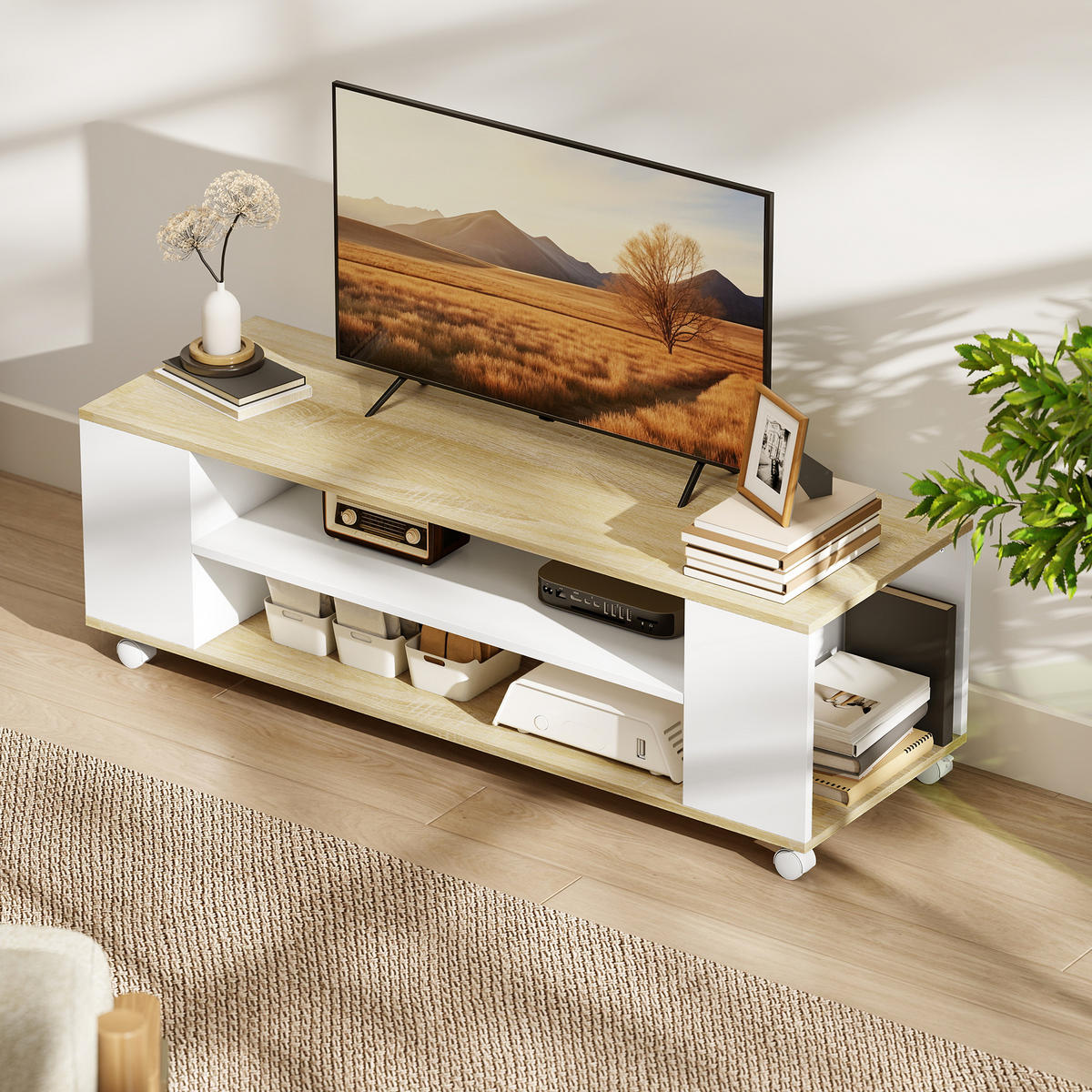 TV-LOWBOARD Weiß/Natur 120/40/38,5 cm, mit Rollen, Wandmontage möglich - Weiß, Holzwerkstoff (120/38.5/40cm) - PANGIVO