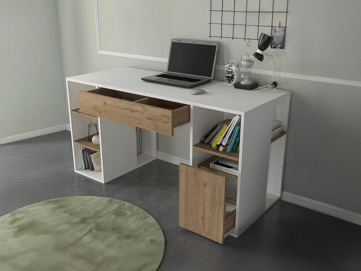 SCHREIBTISCH mit Stauraum - Weiß & Holzfarben - MELAVA - Naturfarben, Holz (59.6/145.3/74.4cm) - Vente-Unique