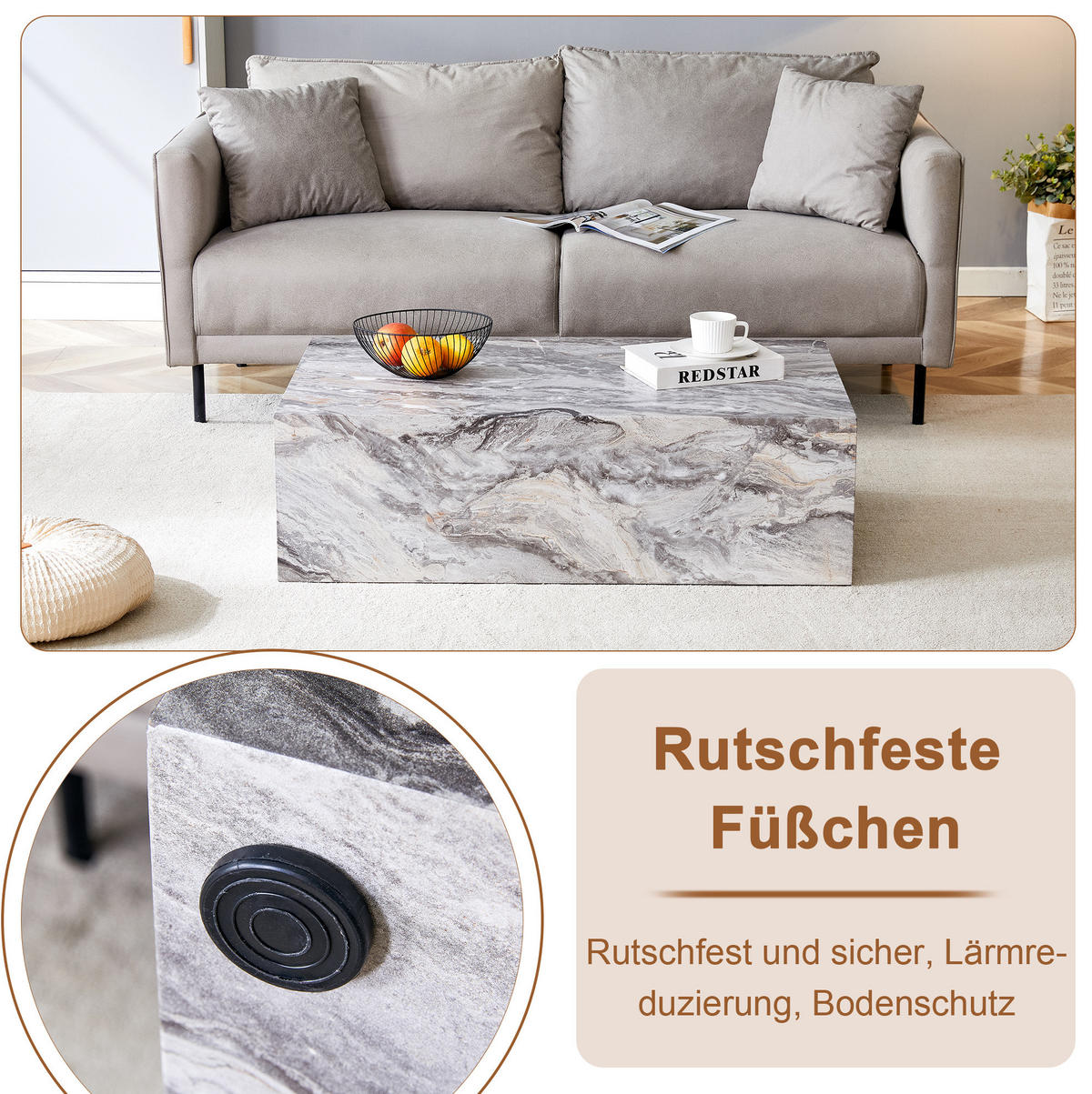 COUCHTISCH 90/50/30 cm aus MDF mit Marmoroptik, belastbar bis 100 kg, montagefrei, Grau - Grau, Holzwerkstoff (90/50/30cm) - Redom