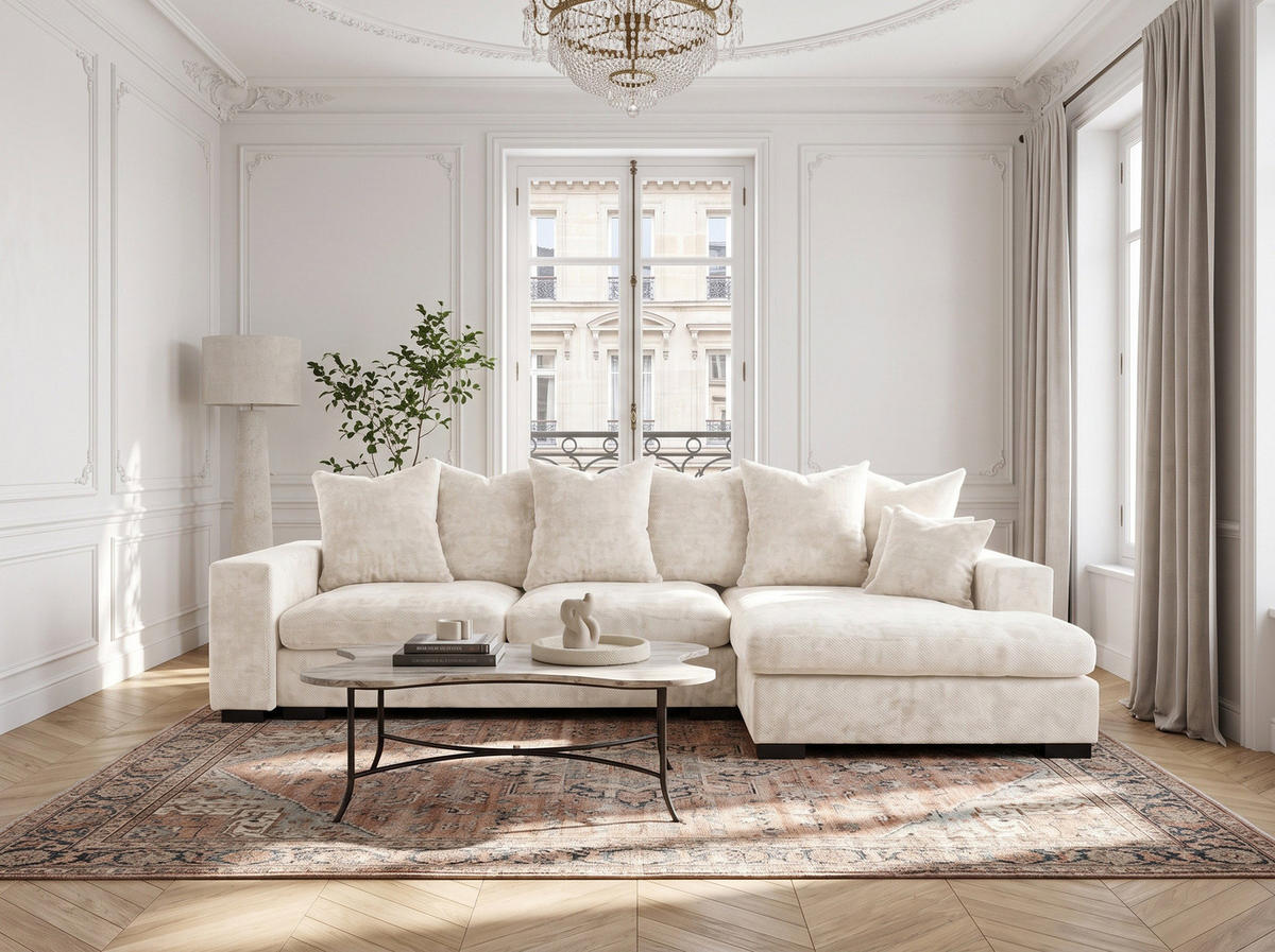 ECKSOFA Dahlia mit Schlaffunktion und Bettkasten in L-Form Rechts - Creme Chenille 285/92/155 cm - Creme/Schwarz, Kunststoff/Textil (155/285cm) - WFL GROUP