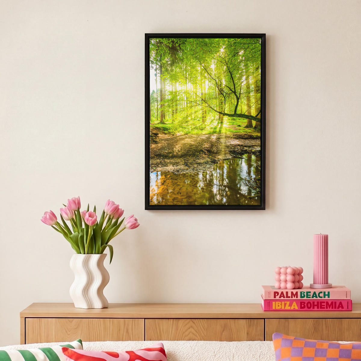 LEINWAND Bilder mit Rahmen - Wald - Landschaft - Wasser - Bäume - Sonne - Grün - Natur - 20x30 - Grün, Textil (20/30cm) - MuchoWow
