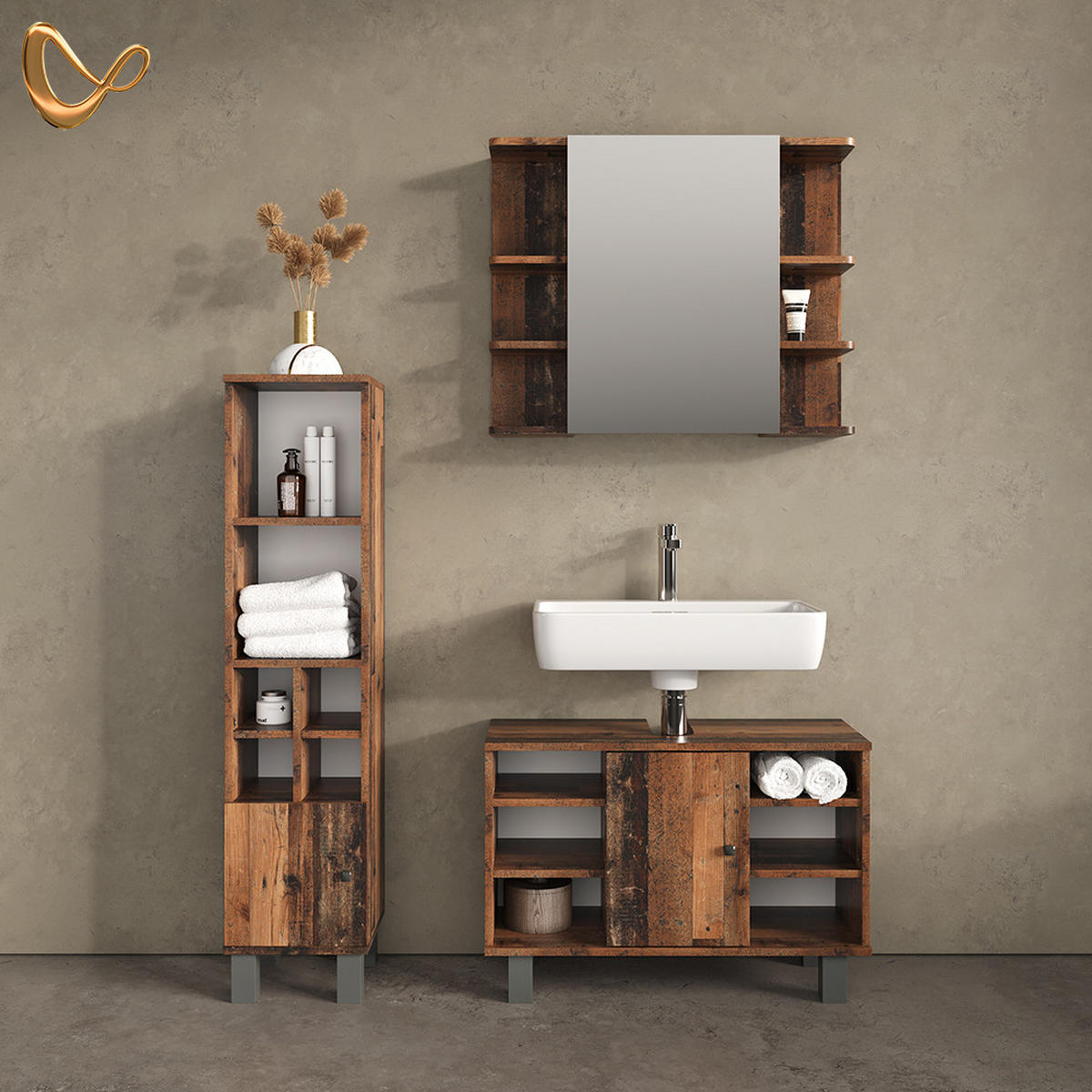 WASCHBECKENUNTERSCHRANK Fucino Antikholz 80 x 54 cm - Eichefarben, Holzwerkstoff (80/54/32cm) - Livinity®