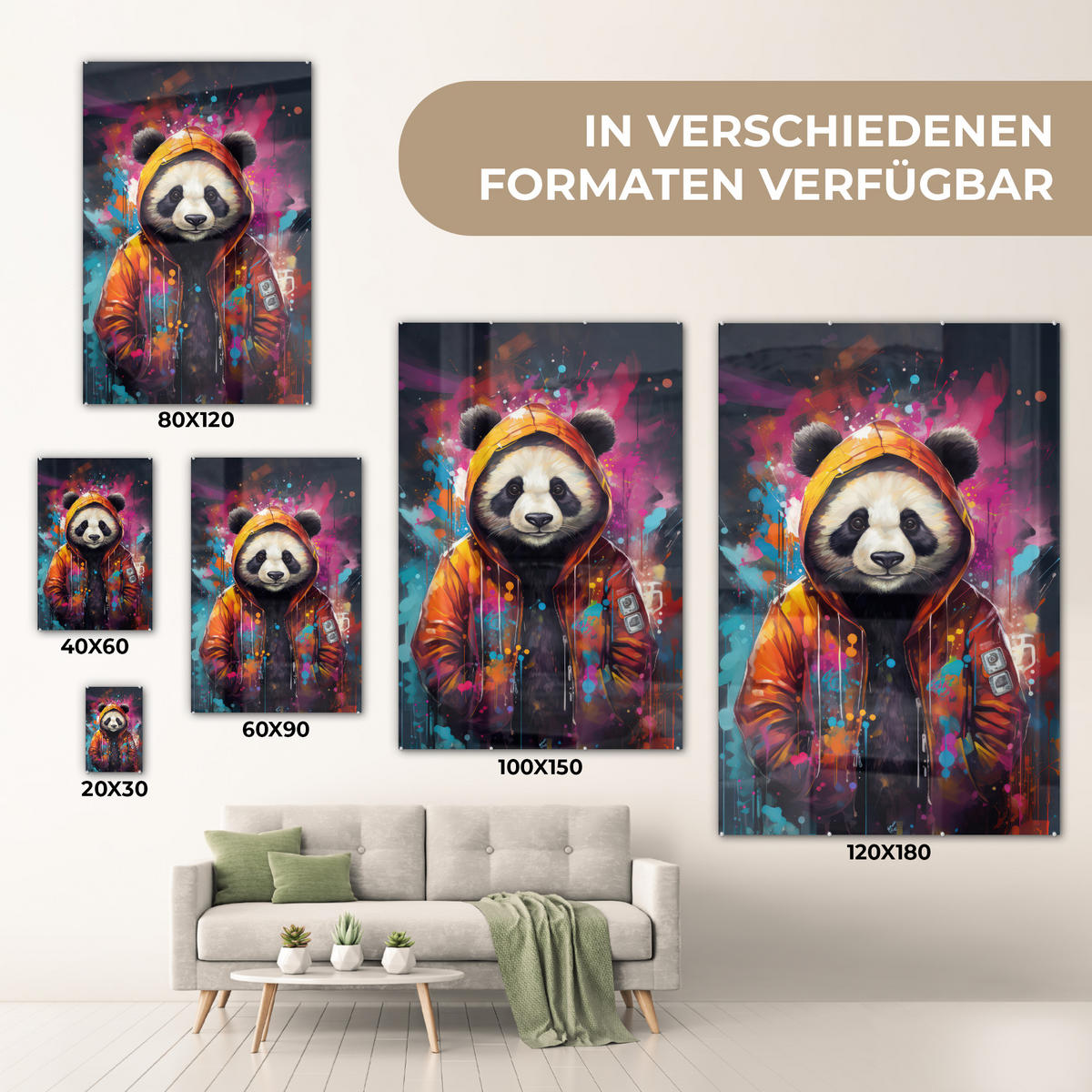 ACRYLGLASBILD Panda - Jacke - Graffiti - Orange 60x90 cm - Orange, Glas (60/90cm) - MuchoWow