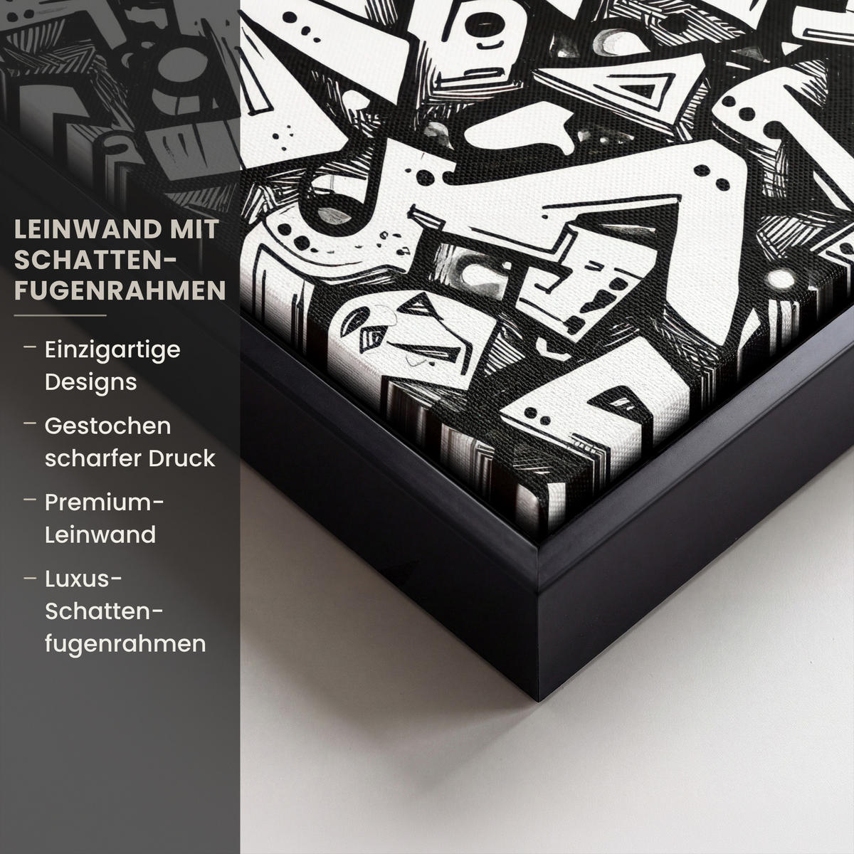 LEINWAND Bilder mit Rahmen - Formen - Buchstaben - Graffiti - Schwarz - 20x20 - Schwarz, Textil (20/20cm) - MuchoWow