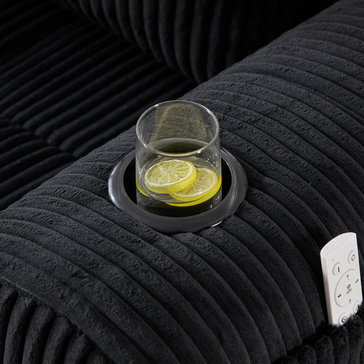 ECKSOFA Cord Schwarz mit Becherhaltern, Seitentaschen und mit Kissen - Schwarz, Textil (253/158cm) - WISHDOR