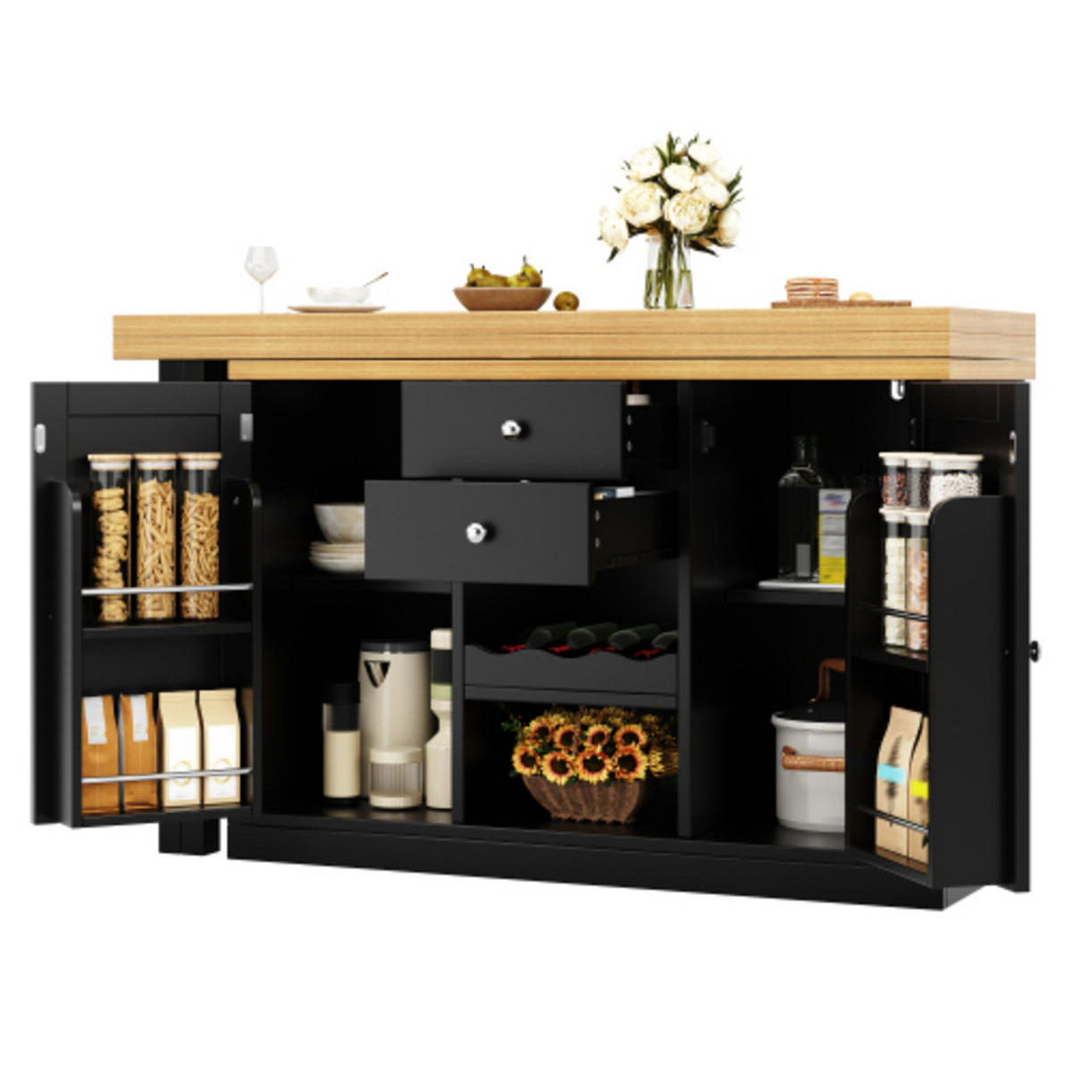 KÜCHENINSEL 120-197×40×74 cm aus MDF und Metall mit 360° drehbarer ausziehbarer Tischplatte, schwarz - Schwarz, Holzwerkstoff (197/74/40cm) - Luhomfu