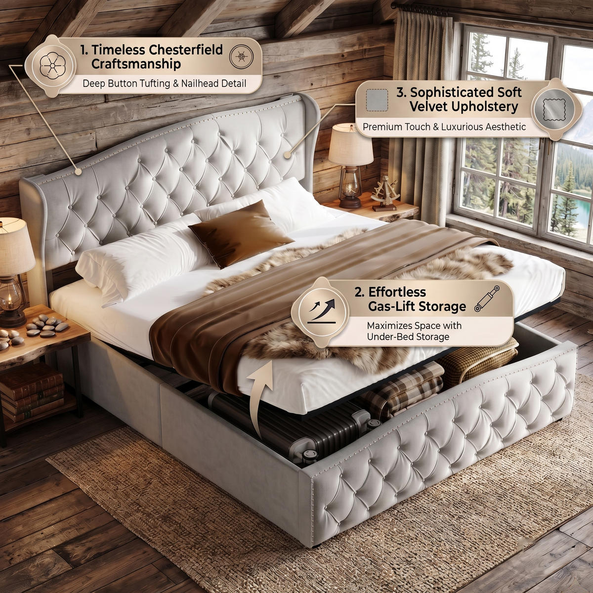 POLSTERBETT Wave-Design 140/200 cm mit Bettkasten & Nietendekor Samtstoff Grau - Grau, Textil (160/200cm) - Creahappy