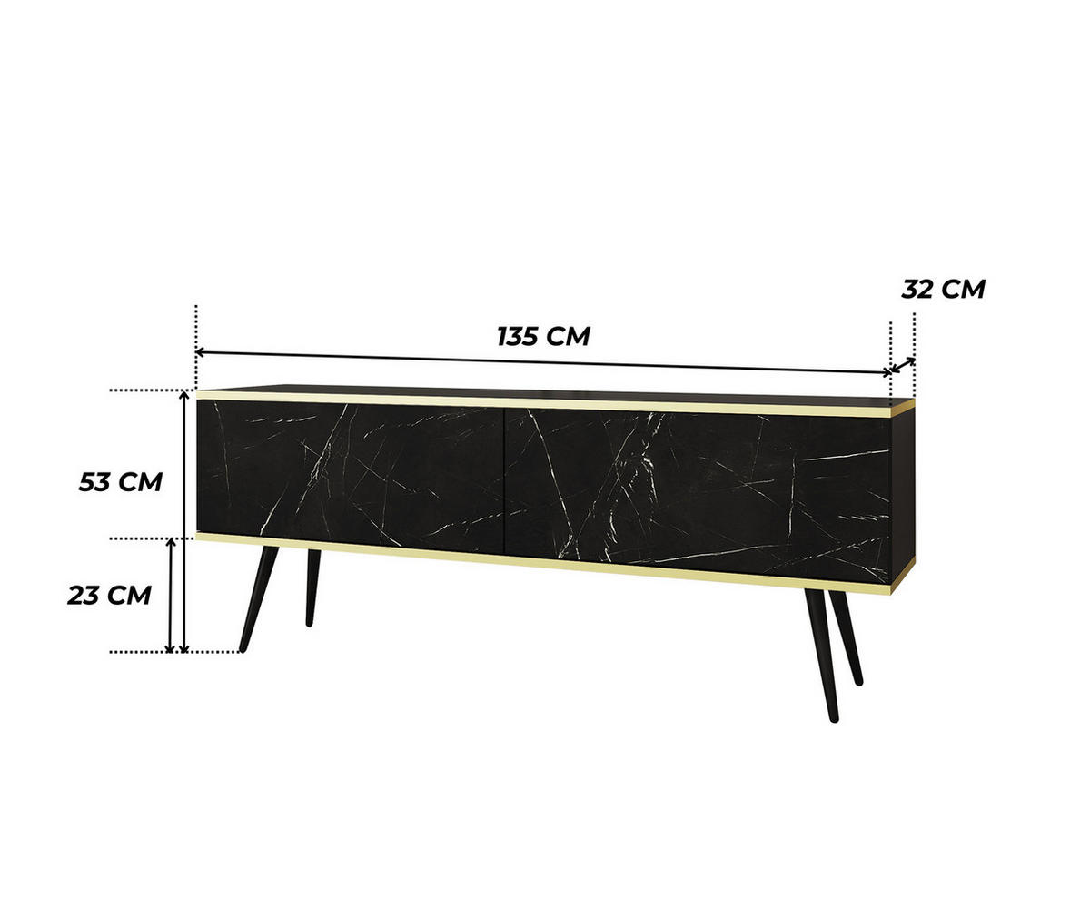 TV-LOWBOARD FORNO (Marmor Black Royal, Goldene Details, 2 Türen, schwarze Metallfüße, 135 cm) - Schwarz/Weiß, Holz/Holzwerkstoff (135/53/32cm) - Ravio