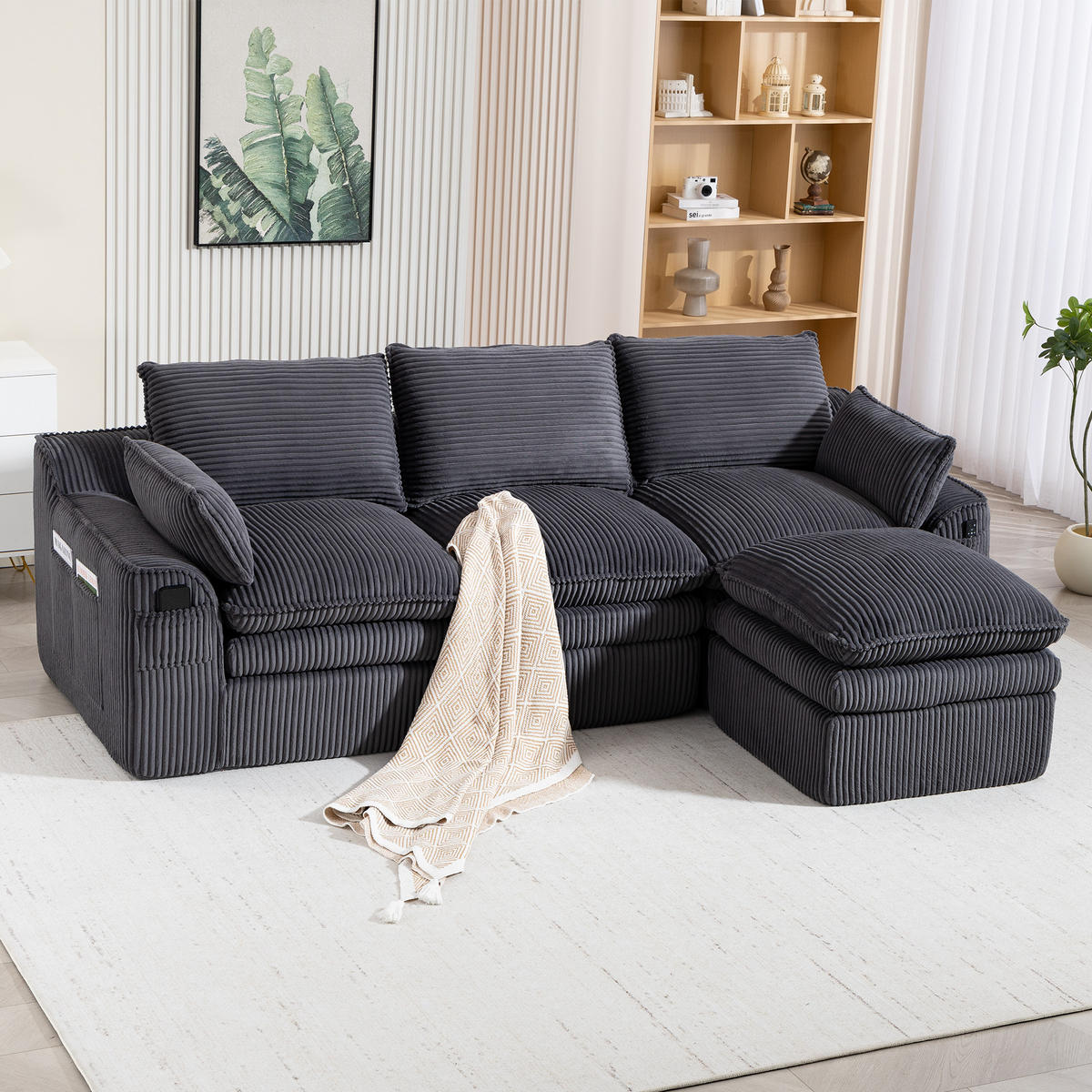 3-SITZER ECKSOFA Cord Dunkelgrau mit Kissen, Hocker und Seitentaschen - Dunkelgrau, Textil (263/167cm) - WISHDOR