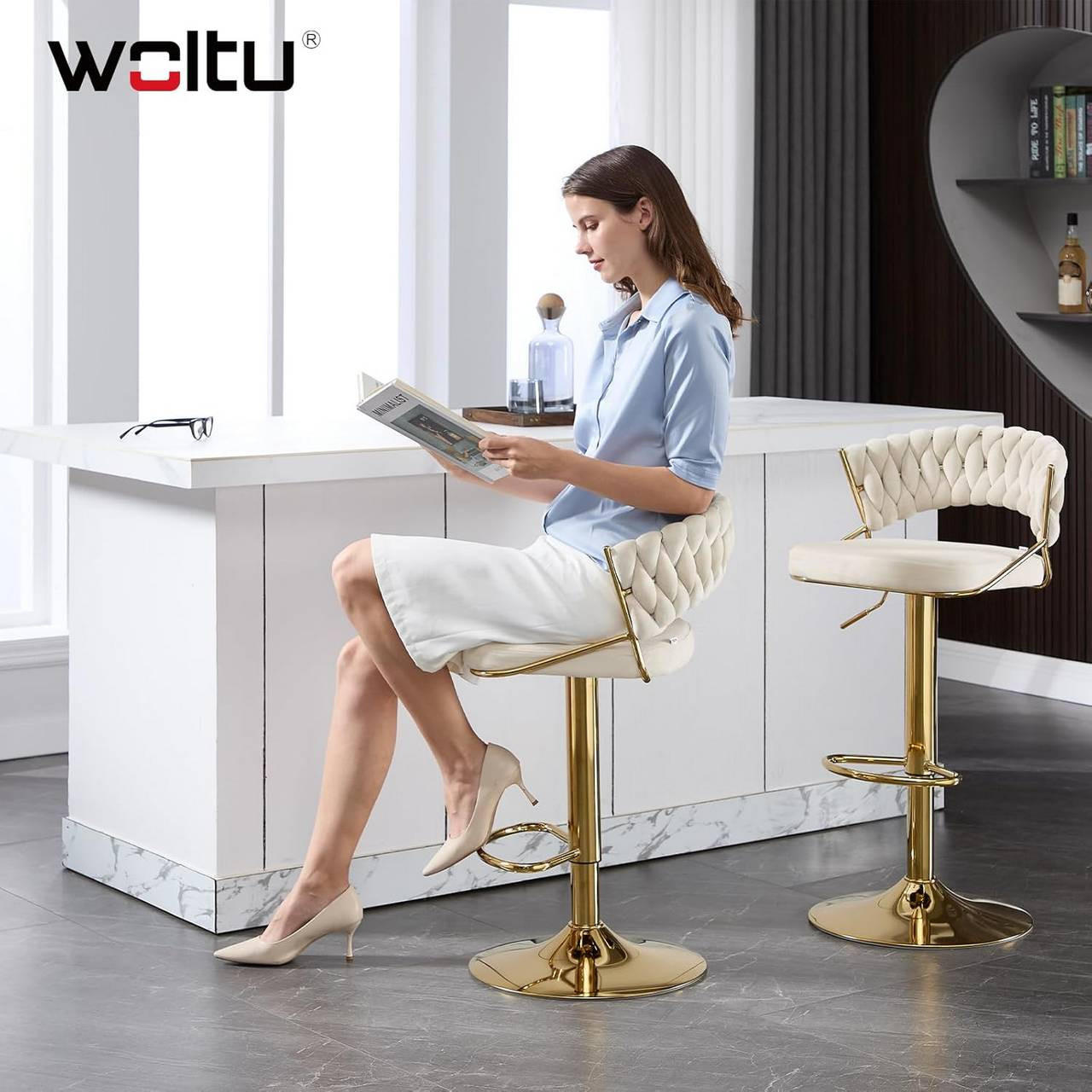 BARHOCKER 4er Set, mit geflochtener Rückenlehne, Samt, Creme - Goldfarben/Creme, Textil/Metall (48/83/46.5cm) - Woltu