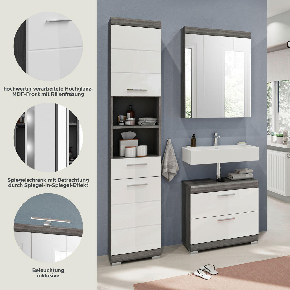 BADKOMBINATION 3tlg. Scout Bad in Rauchsilber Nachbildung und weiß hochglanz B/H/T: 112x191x34 cm - Anthrazit, Holz (112/191/37cm)