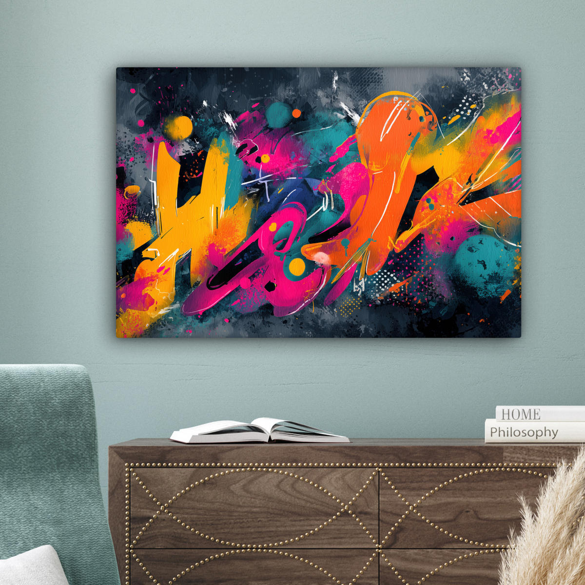 LEINWANDBILD Abstrakt - Graffiti - Farbenfroh - Farbspritzer Wanddeko 90x60 cm - Multicolor, Textil (90/60cm) - MuchoWow