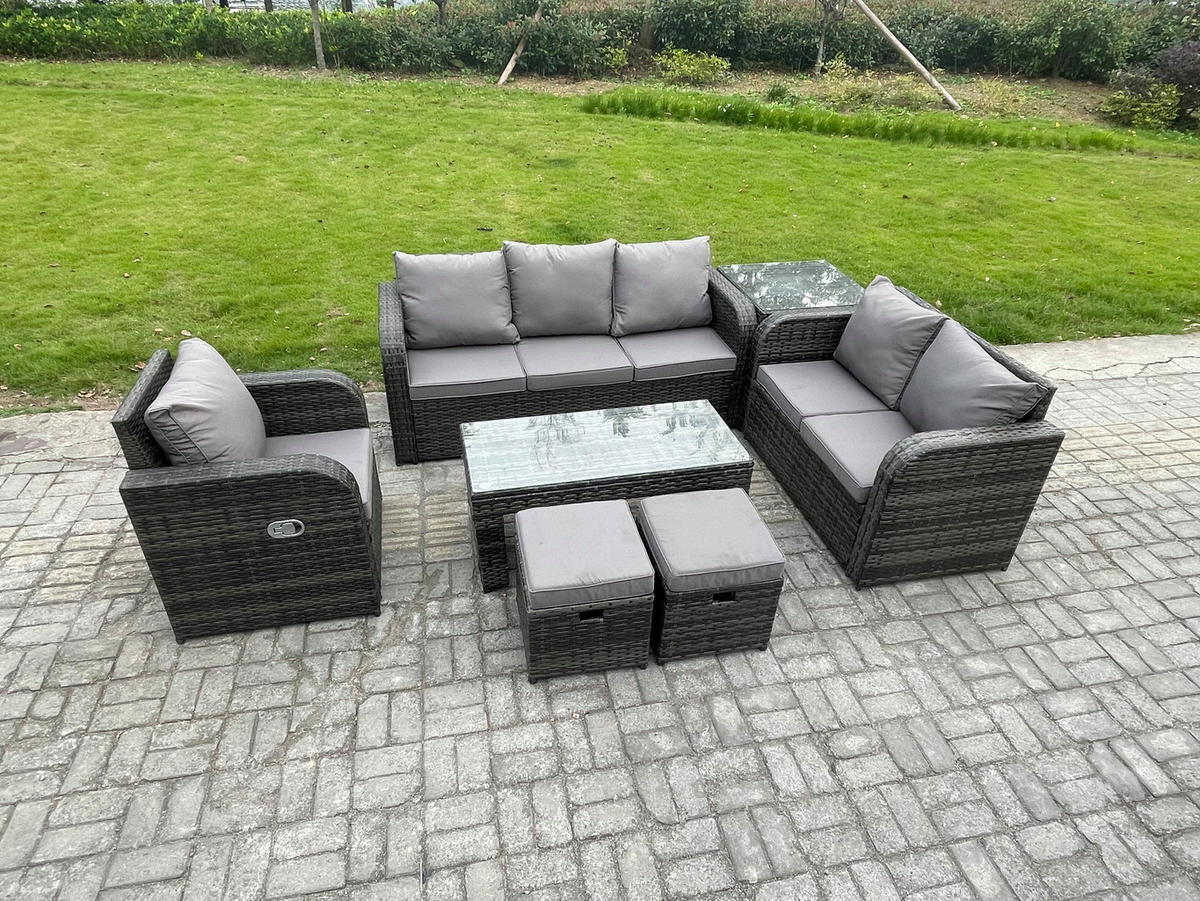 GARTENSOFA SET mit rechteckigem COUCHTISCH Polyrattan 8-Sitzer Dunkelgrau - Dunkelgrau/Grau, Glas/Kunststoff - Fimous