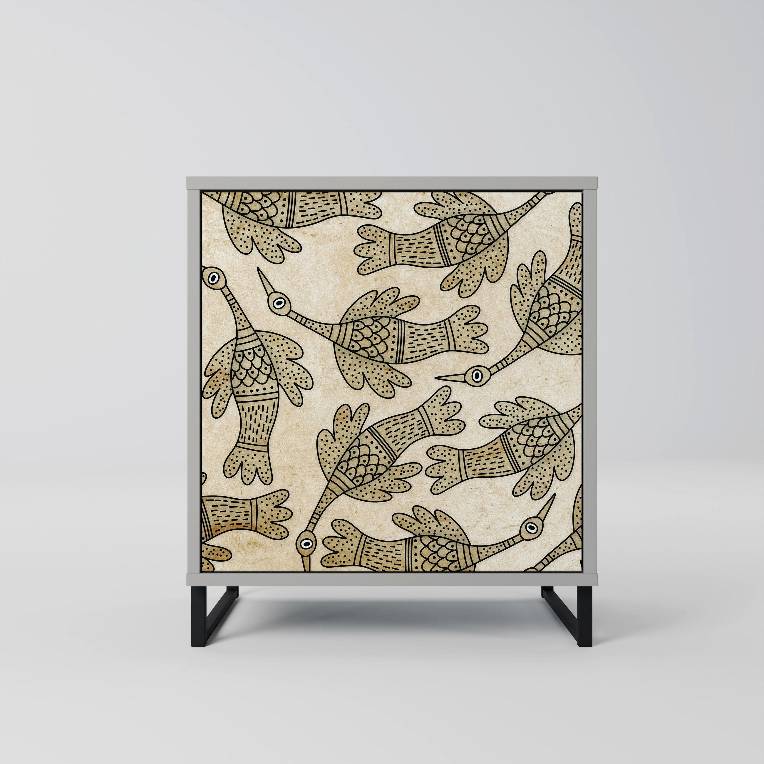 SIDEBOARD ALMONDINE SONGBIRD, Grau, 57,5x42x67,5 cm, Schwarze Metall-Rahmenfüße - Multicolor/Schwarz, Holzwerkstoff/Metall (57.5/67.5/42cm) - SpaceRebels