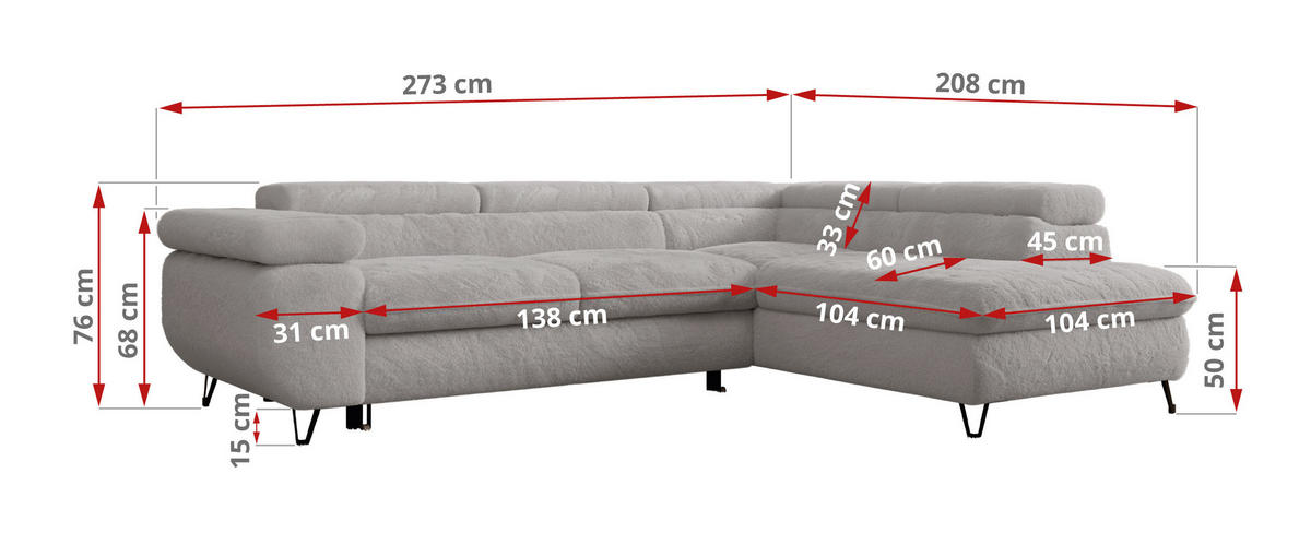 ECKSOFA PETER L Hellgrau Plüsch - Rechts Seite - Hellgrau/Schwarz, Textil/Metall (273/208cm) - MKS
