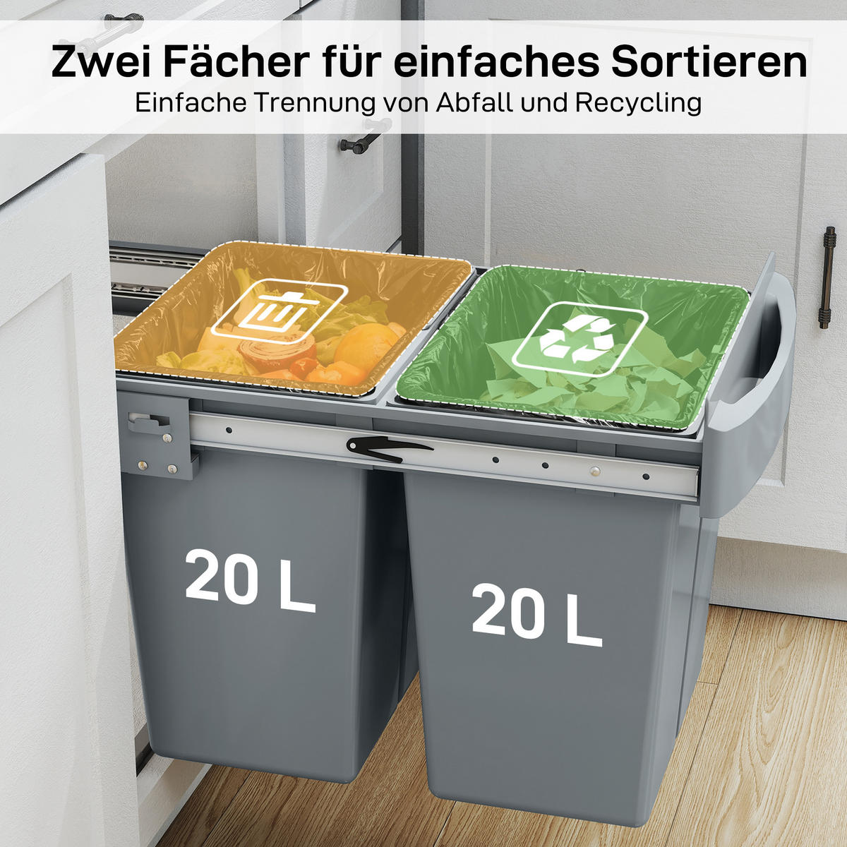 ABFALLSAMMLER Ausziehbar mit 2 x 20L herausnehmbaren Fächern und Griff, Grau - Grau, Kunststoff (33.5/41/52cm) - HOMCOM