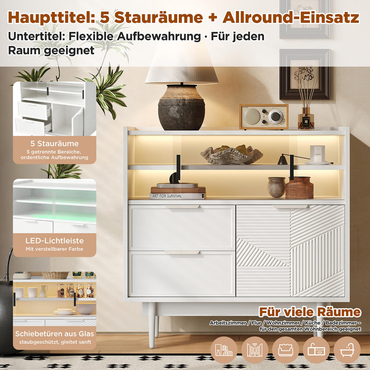 SIDEBOARD weiß 80 cm mit 16-farben led, glasschiebetüren & struktur-front - Weiß, Holzwerkstoff (80/80/35cm) - Urban Meuble