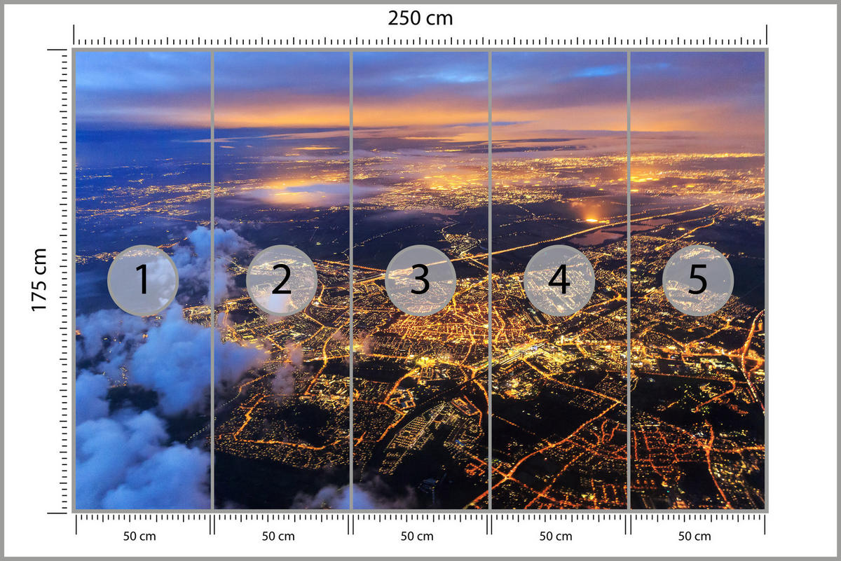 FOTOTAPETE für Wohnzimmer Vogelperspektive Beleuchtete Stadt Skyline 250x175 - Gelb/Orange, Papier (250/175cm) - Muralo