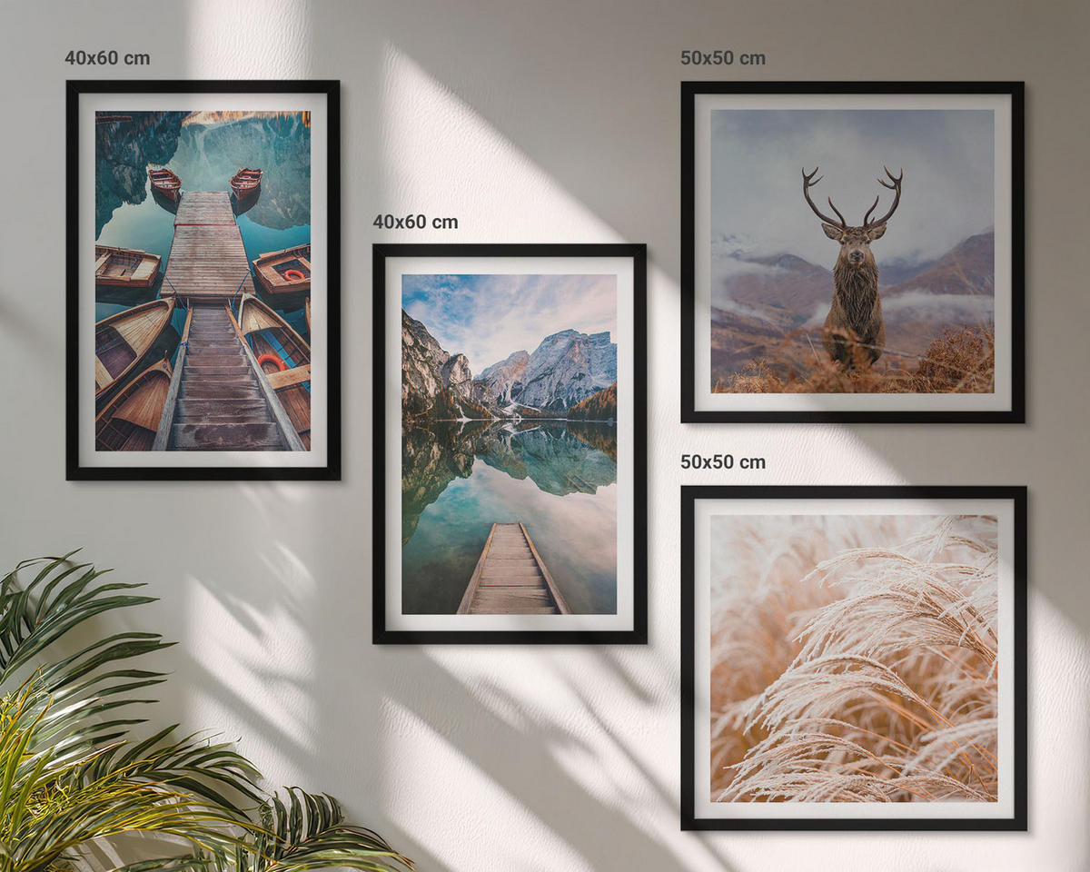 WANDBILDER 4er-Set - 50x50 cm & 40x60 cm Schwarzer Rahmen - Seeboote Hirsche Berge - Schwarz, Kunststoff (50/50cm) - ArtPrintCave