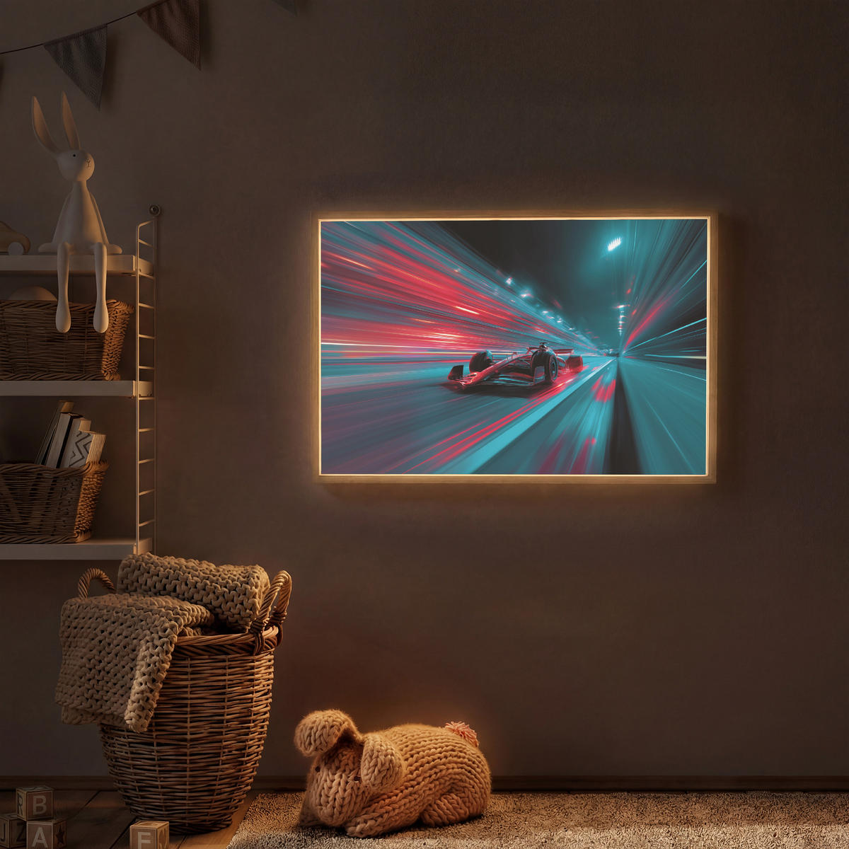 DOBÍJECÍ NOČNÍ LAMPIČKA Závodní auto - Červená - Rychlost 100x70 cm - tyrkysová, kompozitní dřevo (8/100/70cm) - OnlyWow