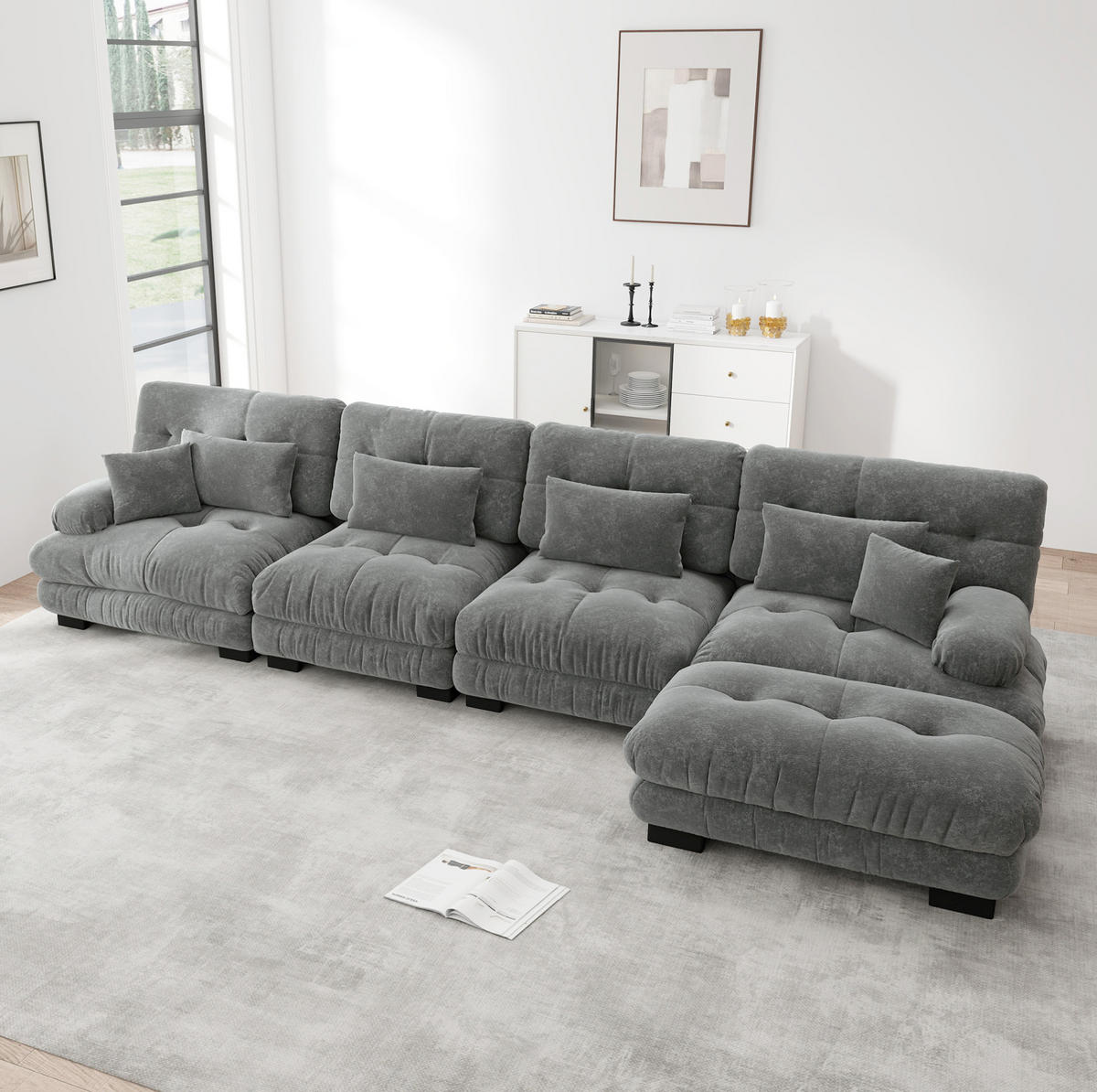 ECKSOFA 406/145/81 cm in Grau aus Chenille mit beweglichem Ottoman - Grau, Textil (145/406cm) - Flora Grace