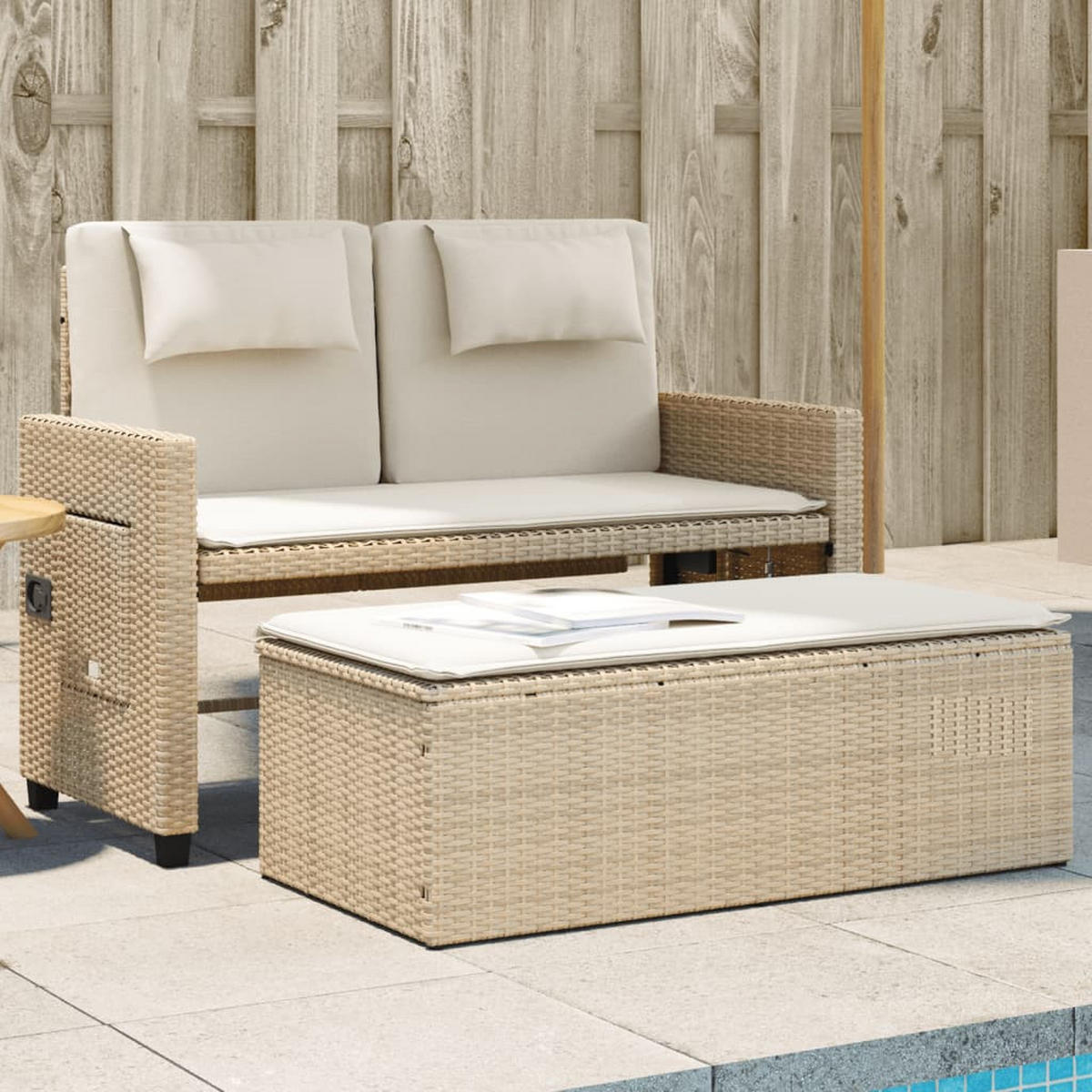 GARTENBANK Verstellbar mit Kissen Beige Poly Rattan - Beige, Kunststoff (122/83/58cm) - furnicato