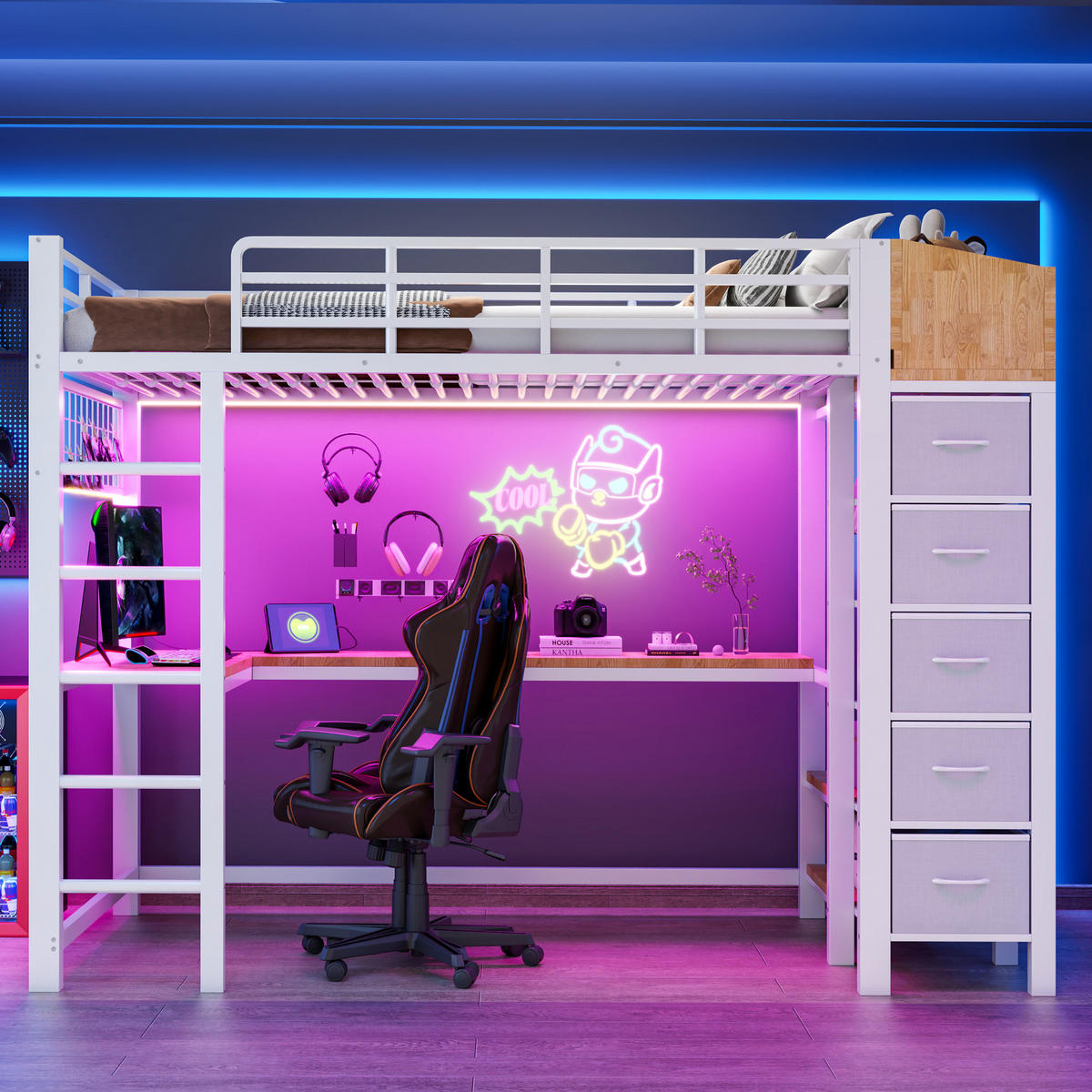 HOCHBETT 90x200cm Metall Schreibtisch LED USB Weiß - Weiß, Metall (90/200cm) - FLIEKS