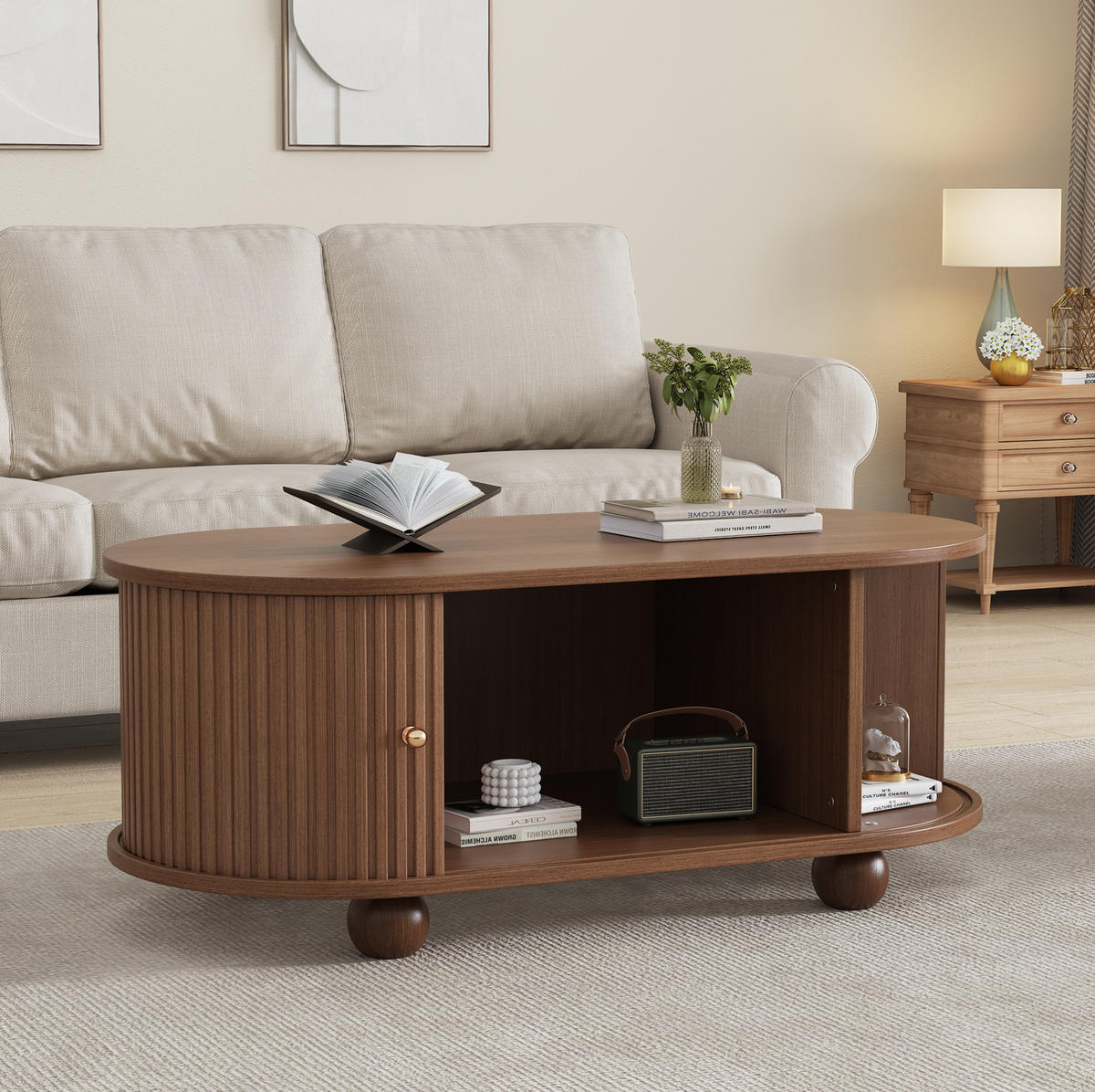 COUCHTISCH 100/50/40 cm in Walnuss mit Stauraum und Schiebetüren - Walnussfarben, Holzwerkstoff (100/50/40cm) - Flora Grace