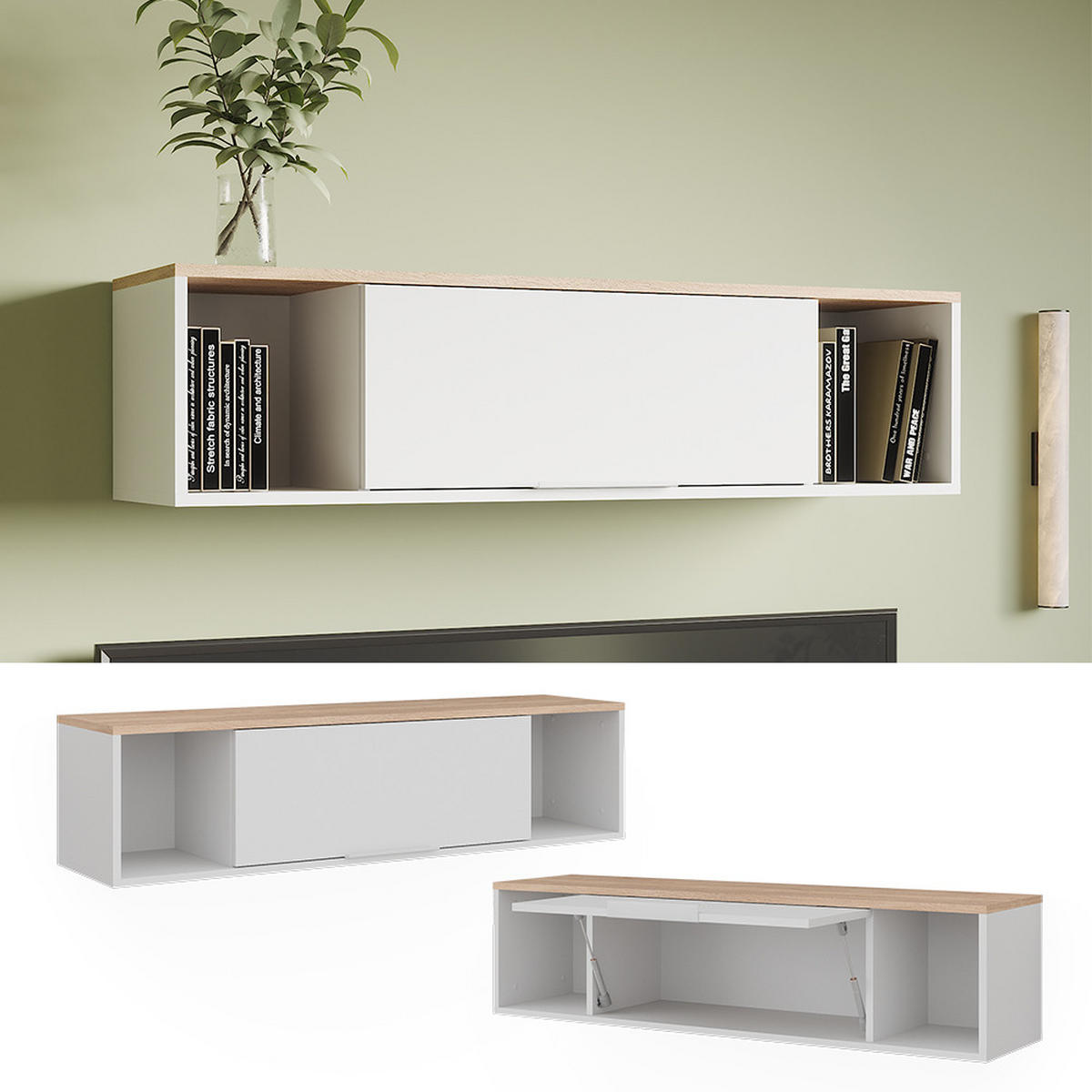 WANDREGAL Betti Weiß/Sonoma 120 x 30 cm - Weiß/Sonoma Eiche, Holzwerkstoff (120/30/30cm) - Vicco