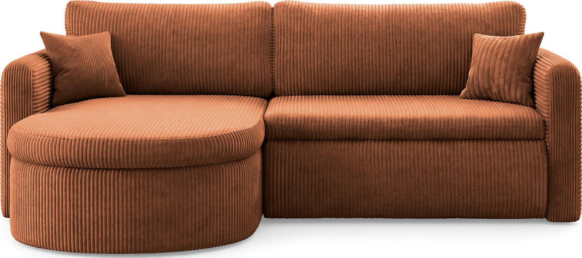 ECKSOFA Cora mit Schlaffunktion & Stauraum, Universell Rechts/Links, Orange Kupfer Cord Chenille 260/82/160 cm - Schwarz/Orange, Kunststoff/Textil (250/160cm) - WFL GROUP