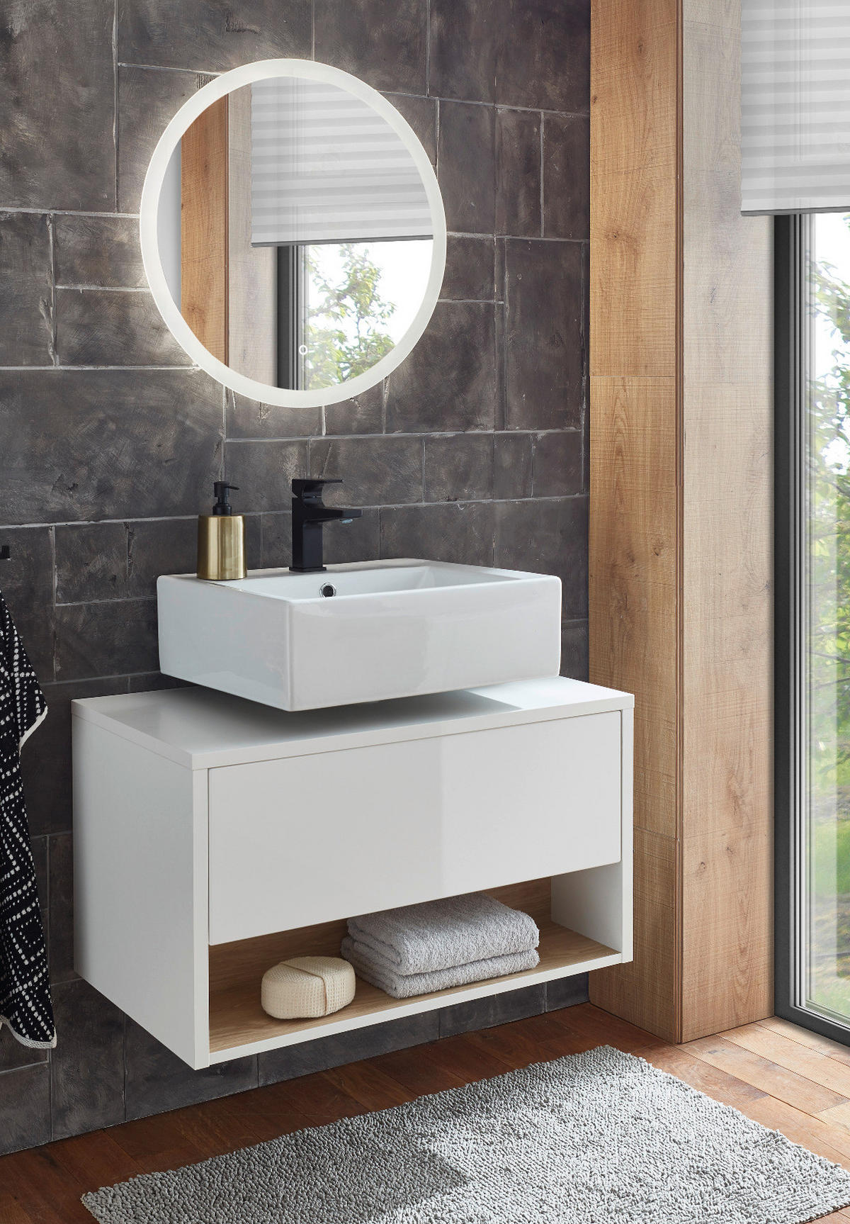 Badmöbel Set 2-teilig in weiß Hochglanz und Eiche mit LED Beleuchtung 80 x 190 cm Glide - Weiß Hochglanz/Eichefarben, Glas/Holzwerkstoff (80/190/46cm) - Furn.Design