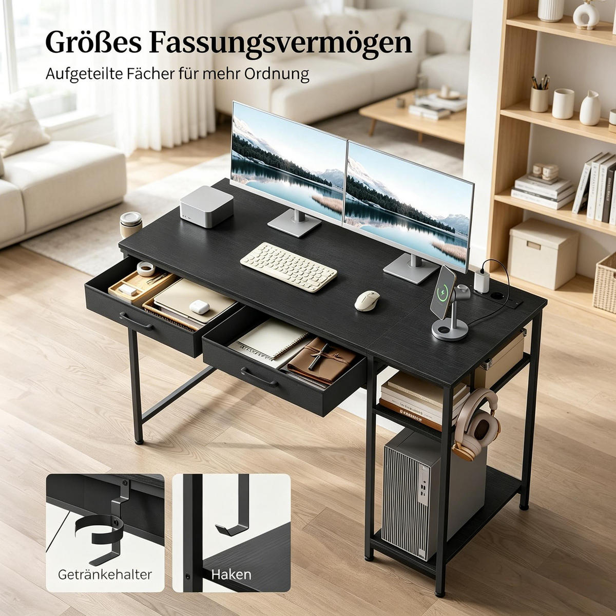 GAMINGTISCH Schwarz 120/51/75 cm mit Stromanschluss USB Typ-C und Stoffschubladen - Schwarz, Holzwerkstoff (51/120/75cm) - PANGIVO