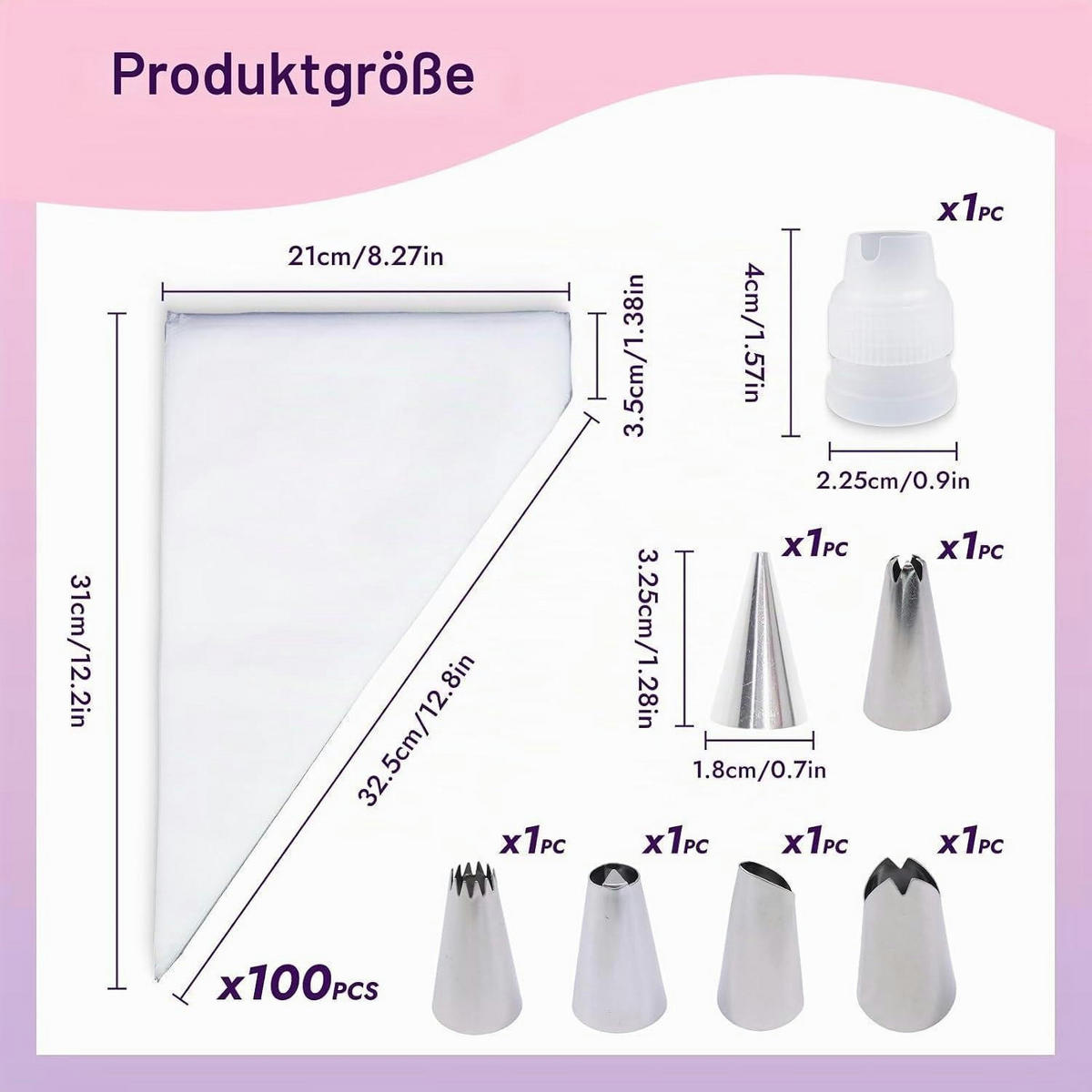 SPRITZBEUTEL Set 100 Stück Einweg mit 6 Edelstahl Tüllen - Weiß, Kunststoff (21/1/31cm)