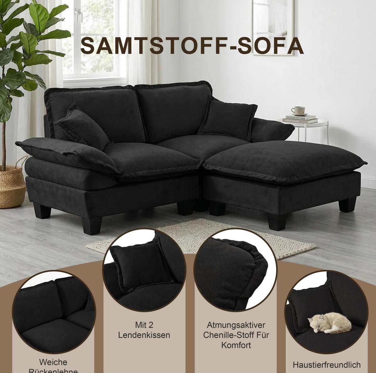 ECKSOFA 224/151/90 cm schwarz aus Chenille mit USB und Stauraum - Schwarz, Textil (151/224cm) - OKWISH