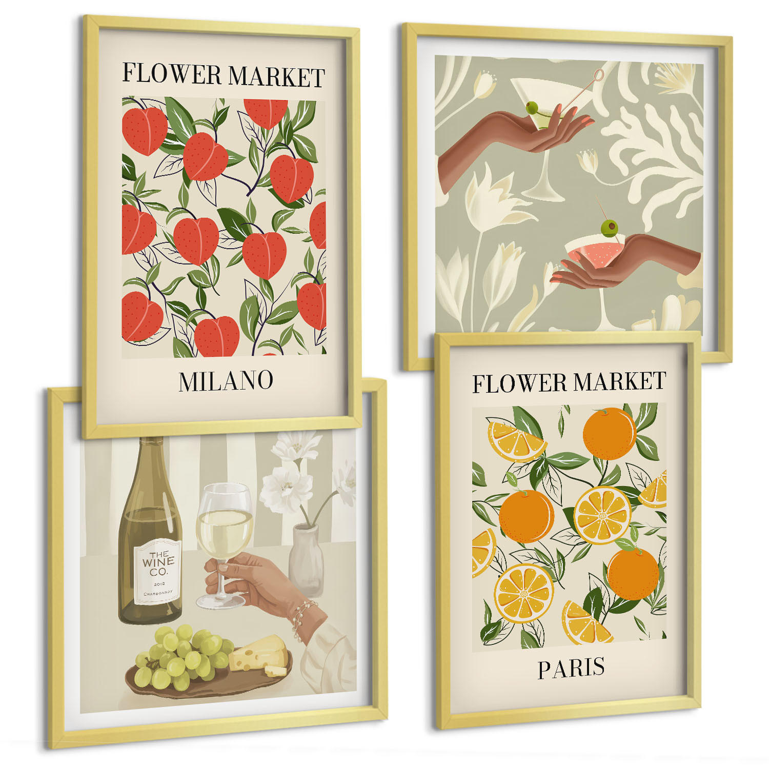 BILDER SET 4er Set - 50x50 cm & 40x60 cm Goldrahmen - Blumenwein Mailand Paris - Goldfarben, Kunststoff (50/50cm) - TULUP