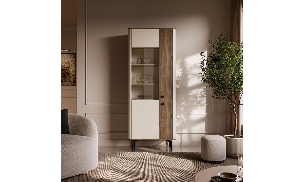 VITRINE MOCHA 73/40/190 cm Glasfront ohne LED Kaschmir/Nussbaum Royal - Kaschmir/Schwarz, Holzwerkstoff/Kunststoff (73/190/40cm) - Lookway