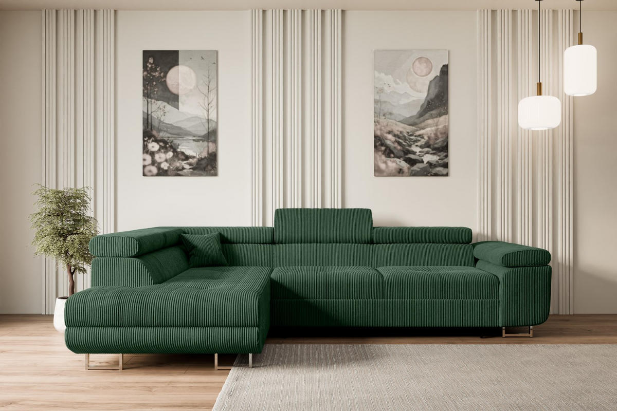 ECKSOFA mit Schlaffunktion und Bettkasten GUSA-L 272x202x107 cm Grün Cord - Silberfarben/Grün, Holzwerkstoff/Textil (202/272cm) - ALTDECOR