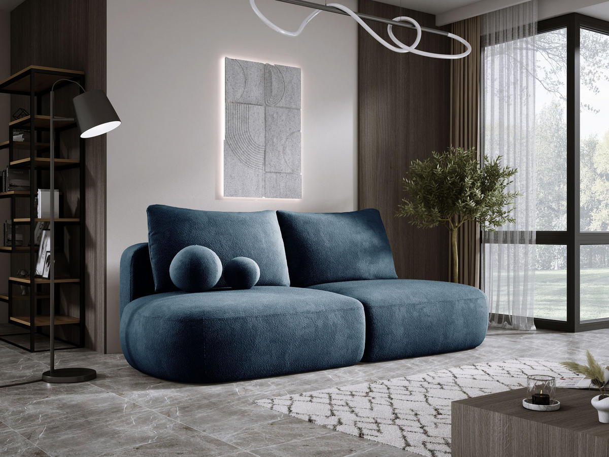SCHLAFSOFA Moderne BABU mit Schlaffunktion – 3-Sitzer Sofa mit Bettkasten, DL-Automat, 2 Rückenkissen, 2 Zierkissen, 240x90x90 cm, Blau - Blau, Holz/Textil (240/90/90cm) - DomoHome