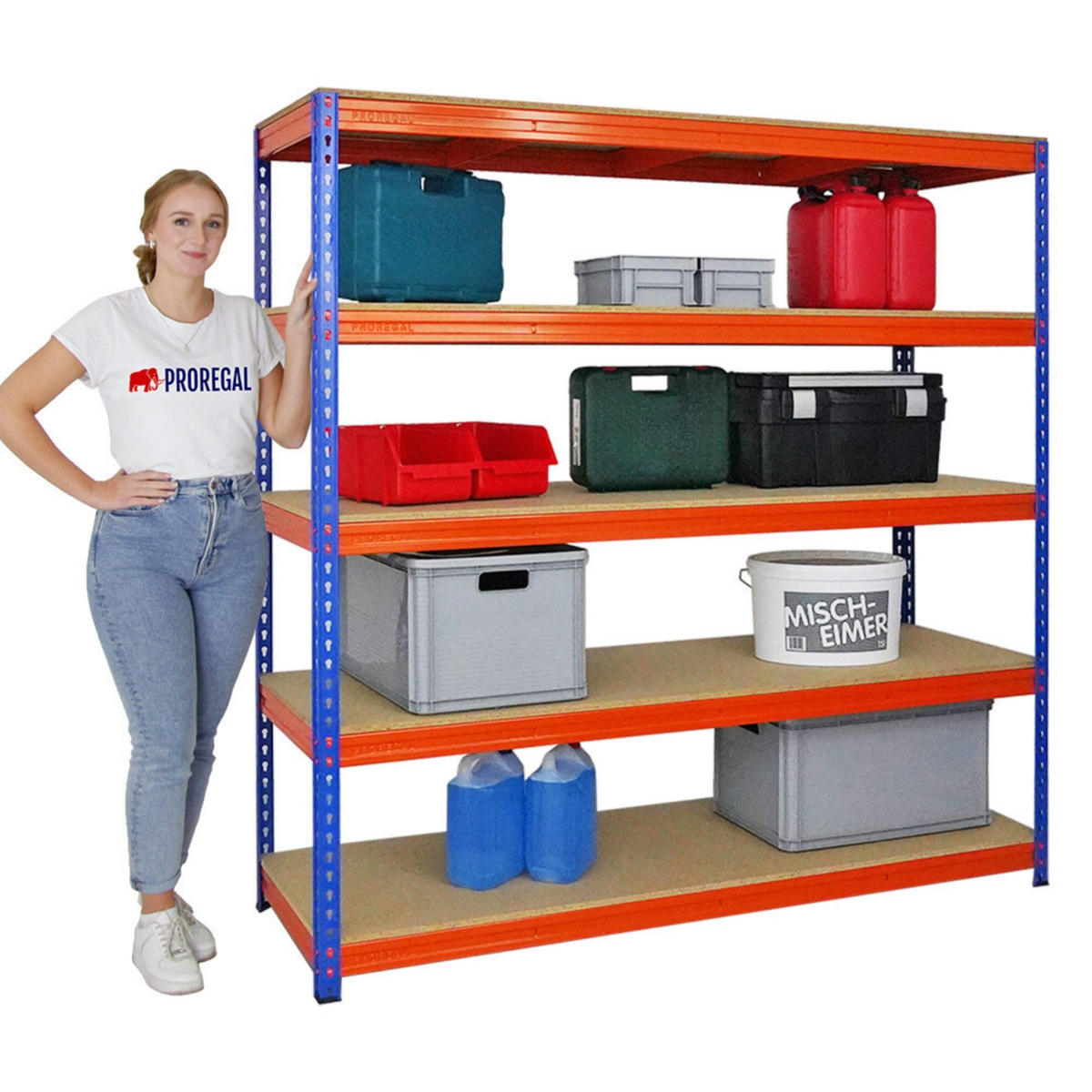 SCHWERLASTREGAL Bison 200x200x60 cm 5 Spanplatten-Ebenen 16mm Fachlast 600 kg Blau-Orange - Blau, Metall (200/200/60cm) - PROREGAL