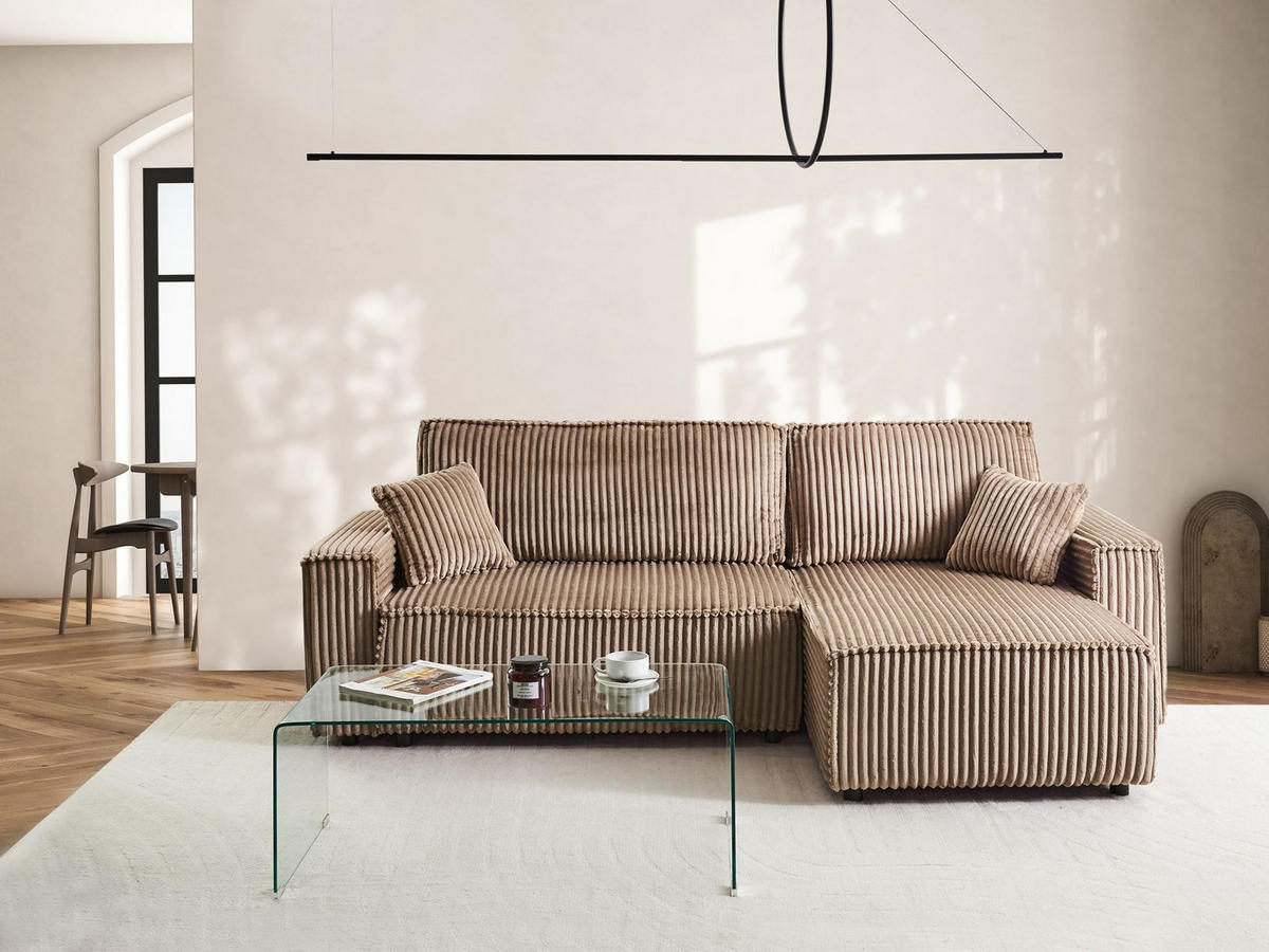 ROZKLÁDACÍ ROHOVÁ POHOVKA 3-místná Manšestr Světle hnědá s úložným prostorem levostranná Abacka - světle hnědá, textil (247/147cm) - Beliani