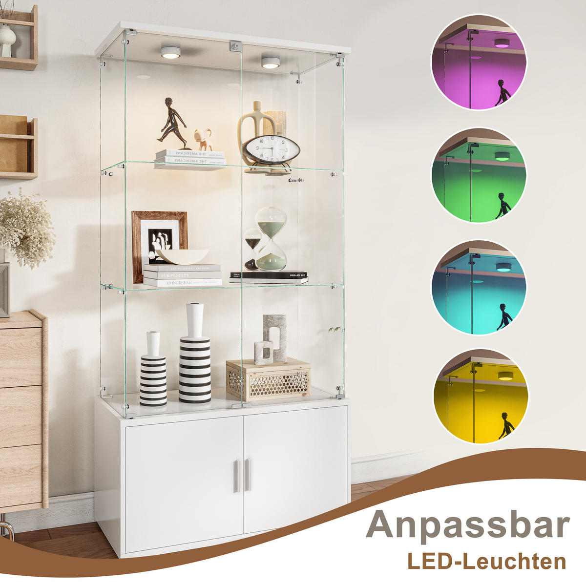 VITRINE, 3 Glasböden, Unterschrank, Touch-LED, zweitürig, in Weiß - Weiß, Glas/Holz (78.51/164/35cm) - BRILVERDE