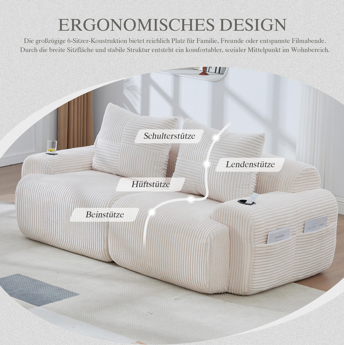 2-SITZER 200/99/80 cm Beige aus Cord mit Cupholder - Beige, Textil (99/80/200cm) - OKWISH