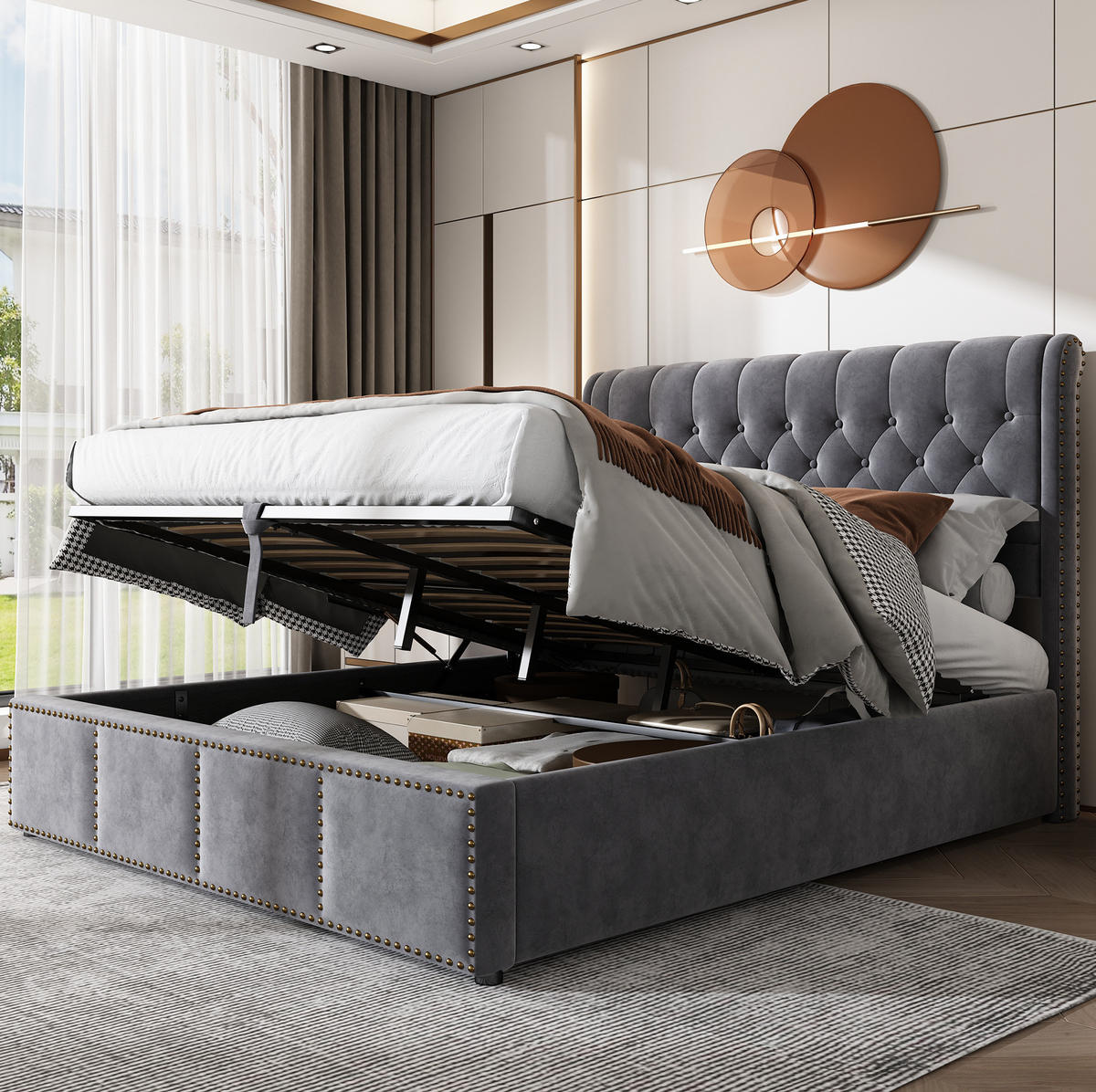 POLSTERBETT 160/200 cm Grau mit Hydraulikhebel und Stauraum - Grau, Textil (160/200cm) - OKWISH
